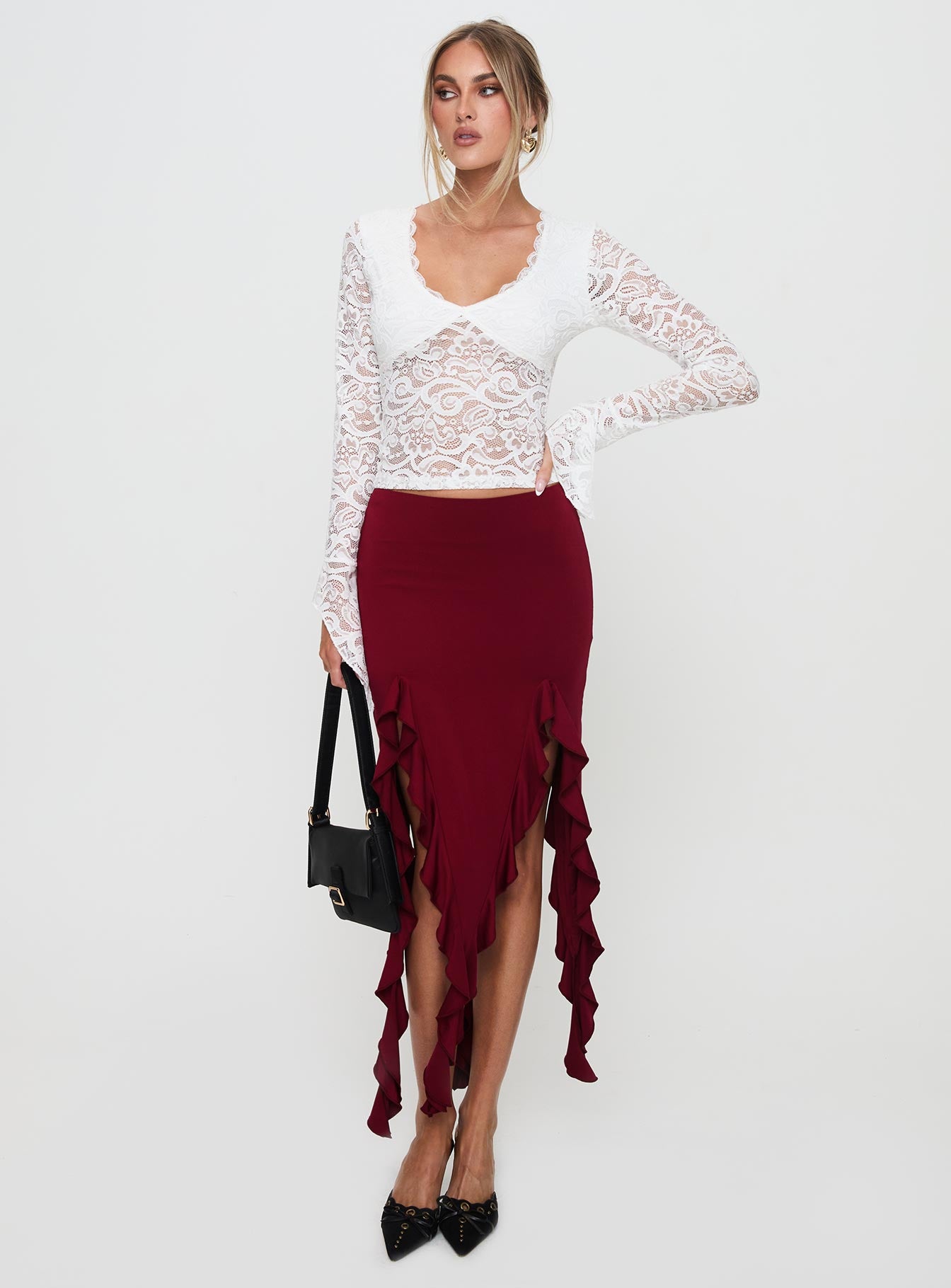 Peachey Asymmetric Ruffle Midi Skirt Burgundy Discount Get To Buy