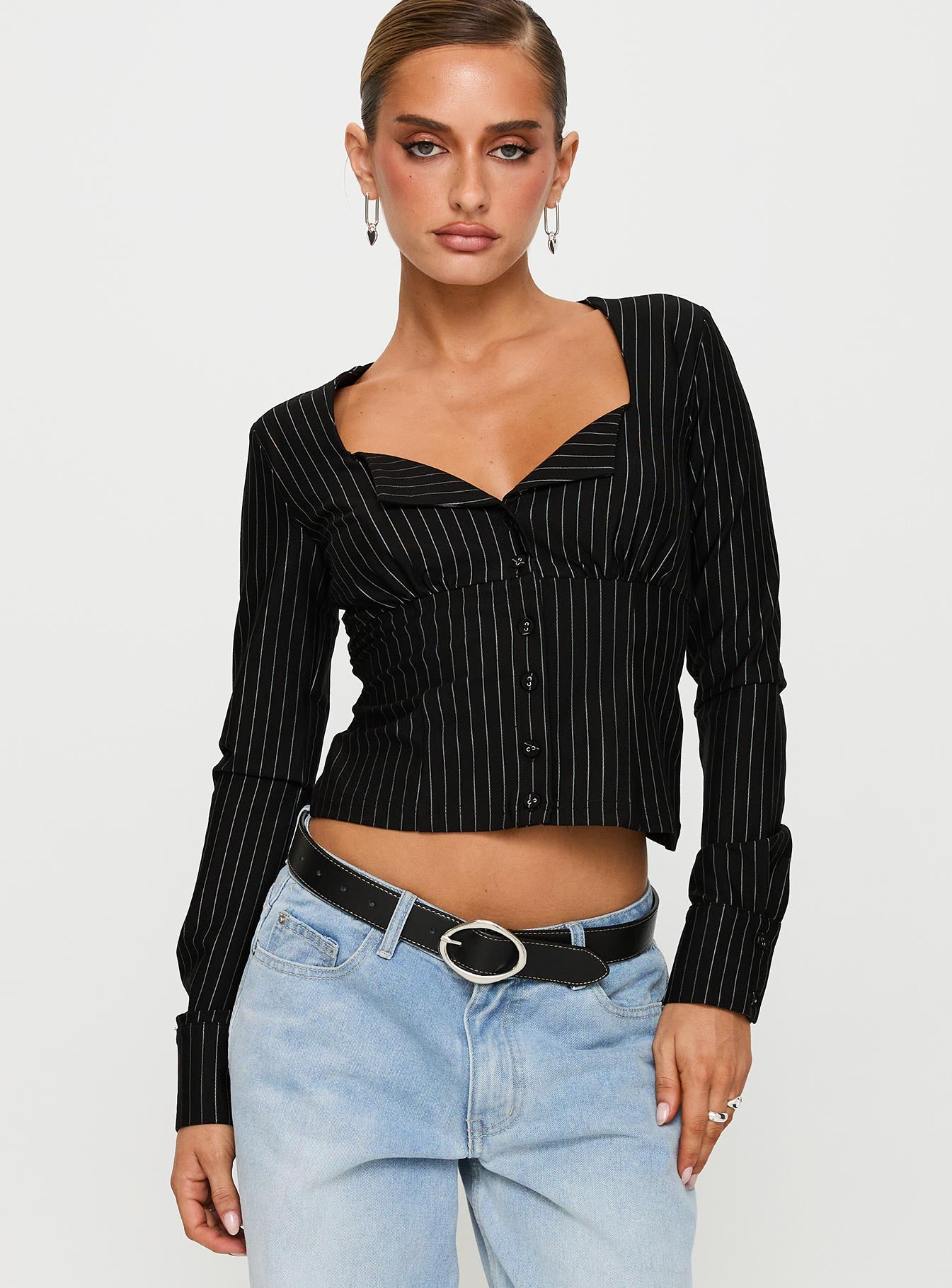 Set For Life Foldover Detail Long Sleeve Top Black / White Pinstripe Cheap Wiki