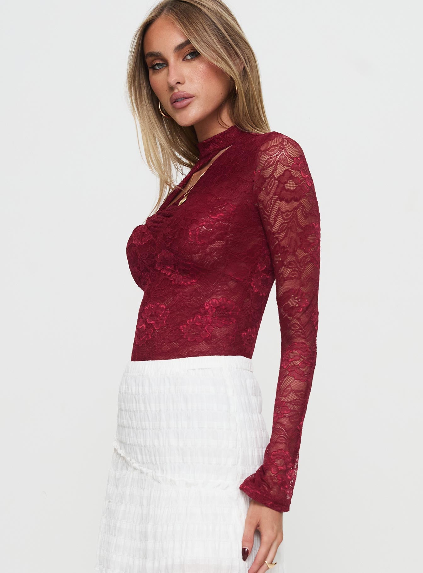 Twisted Humour Long Sleeve Lace Bodysuit Burgundy Outlet Online Shop