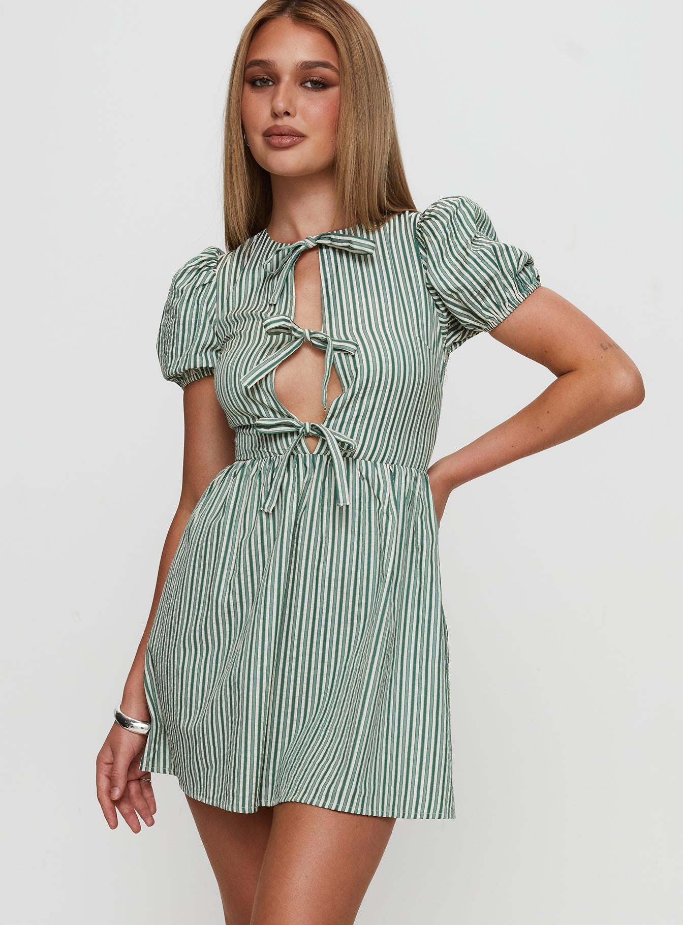 Nurture Bow Mini Dress Green Stripe Shop Offer For Sale