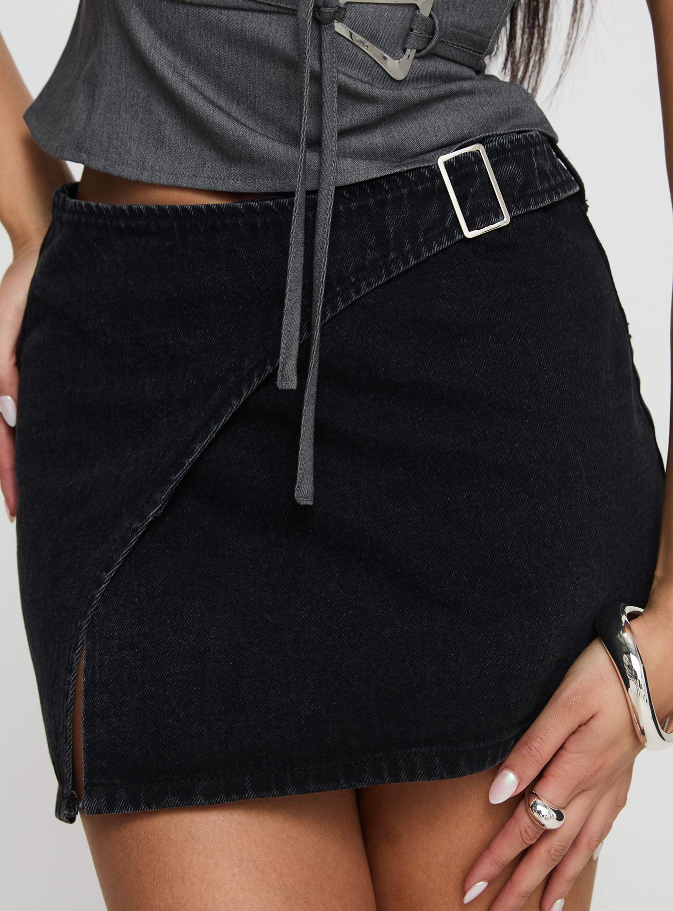 Wait Up Denim Wrap Mini Skirt Washed Black Wholesale Pice For Sale