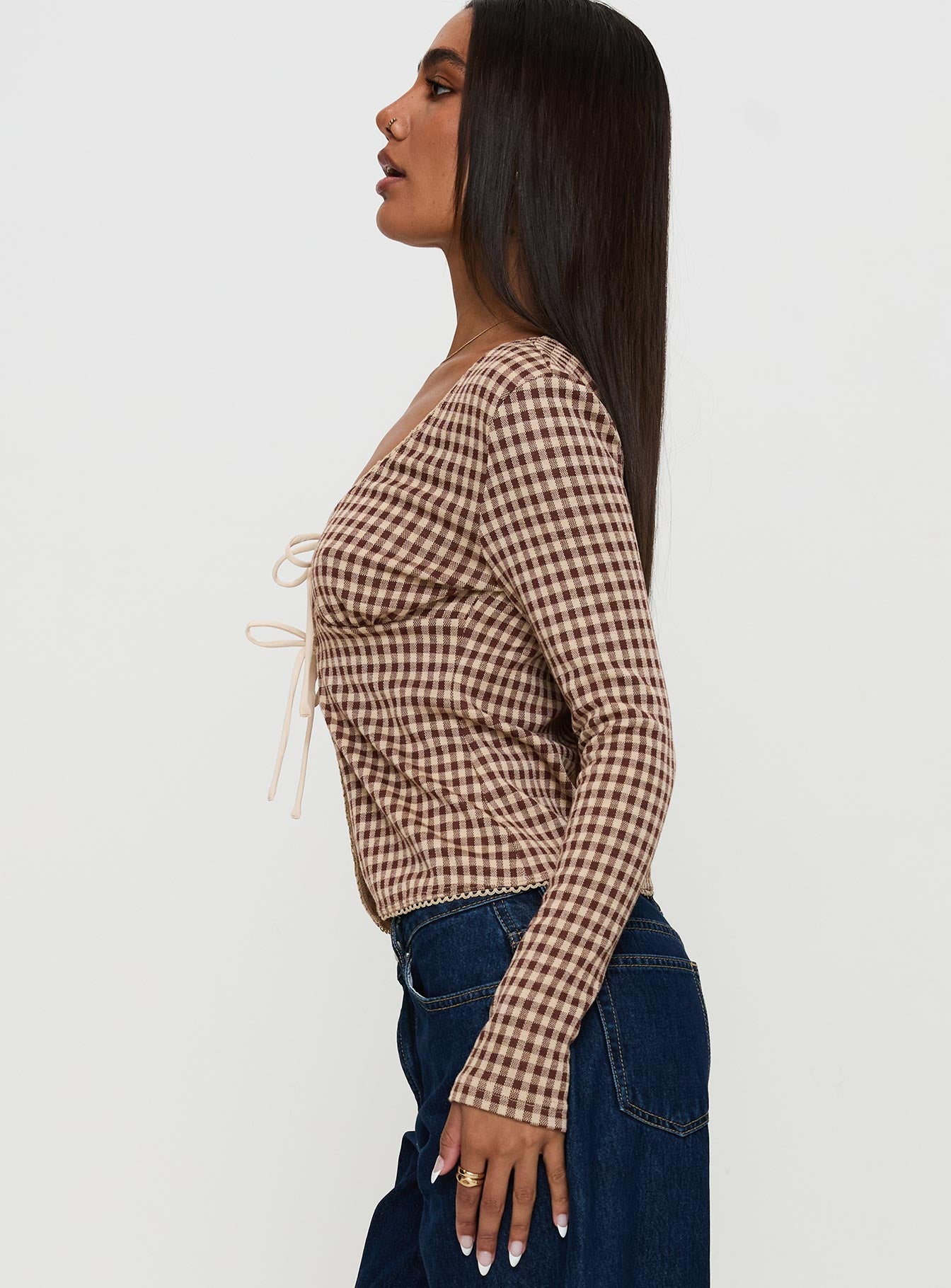 Maemi Long Sleeve Tie Up Top Brown Check Buy Cheap Best Place