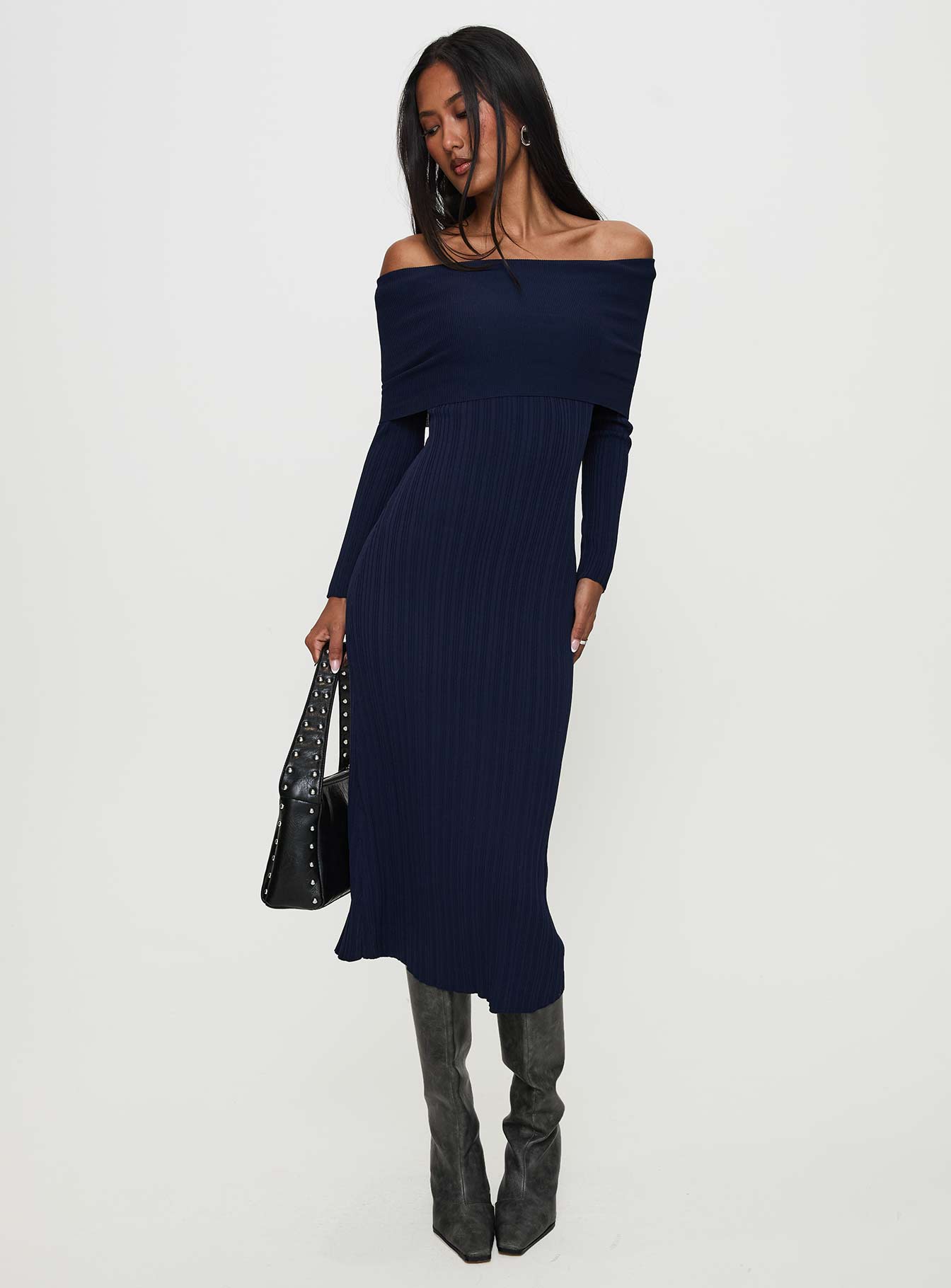 Flisse Long Sleeve Rib Maxi Dress Navy Cheap Pice Discount Authentic