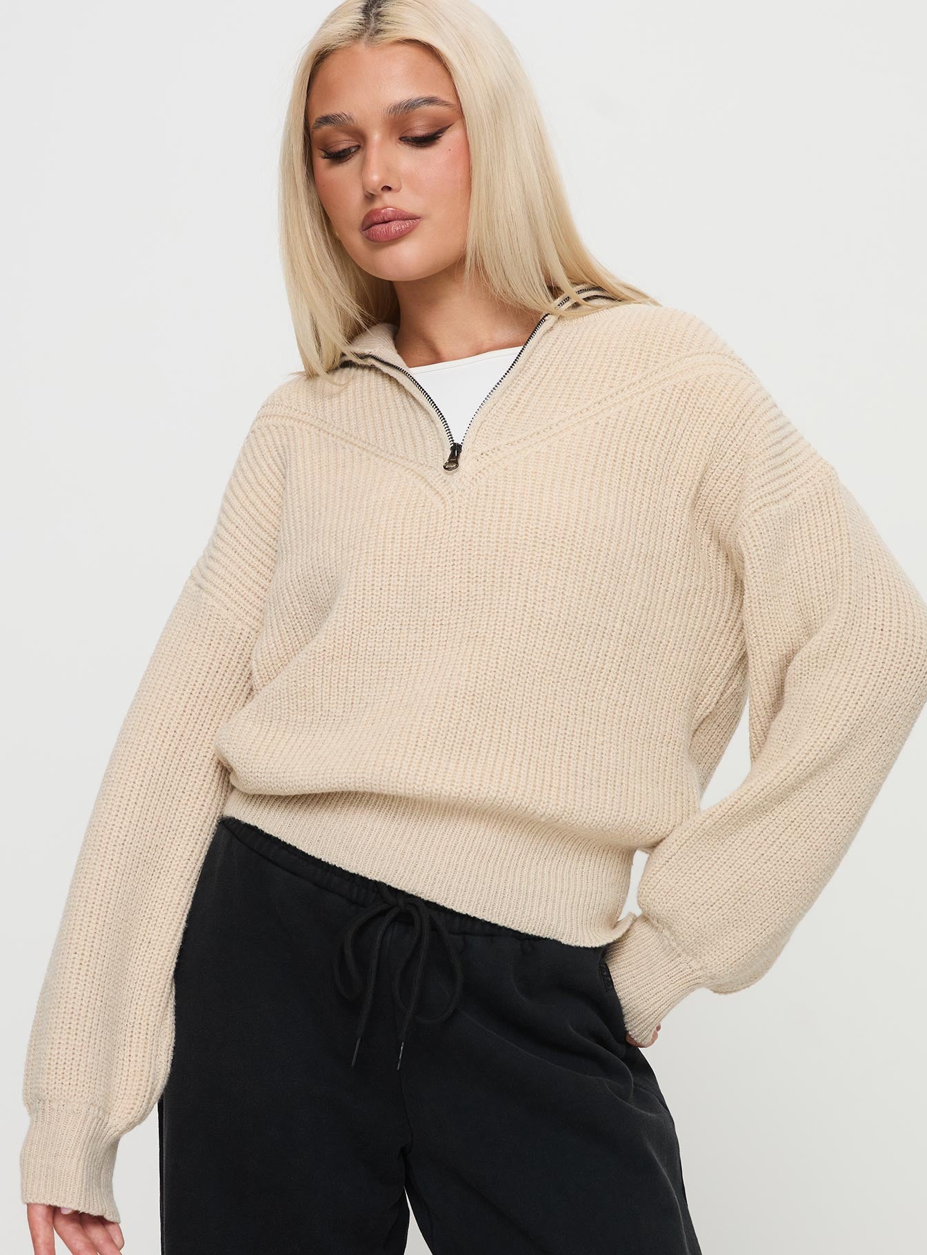 Fireheart Zip Through Knit Sweater Beige For Sale Online