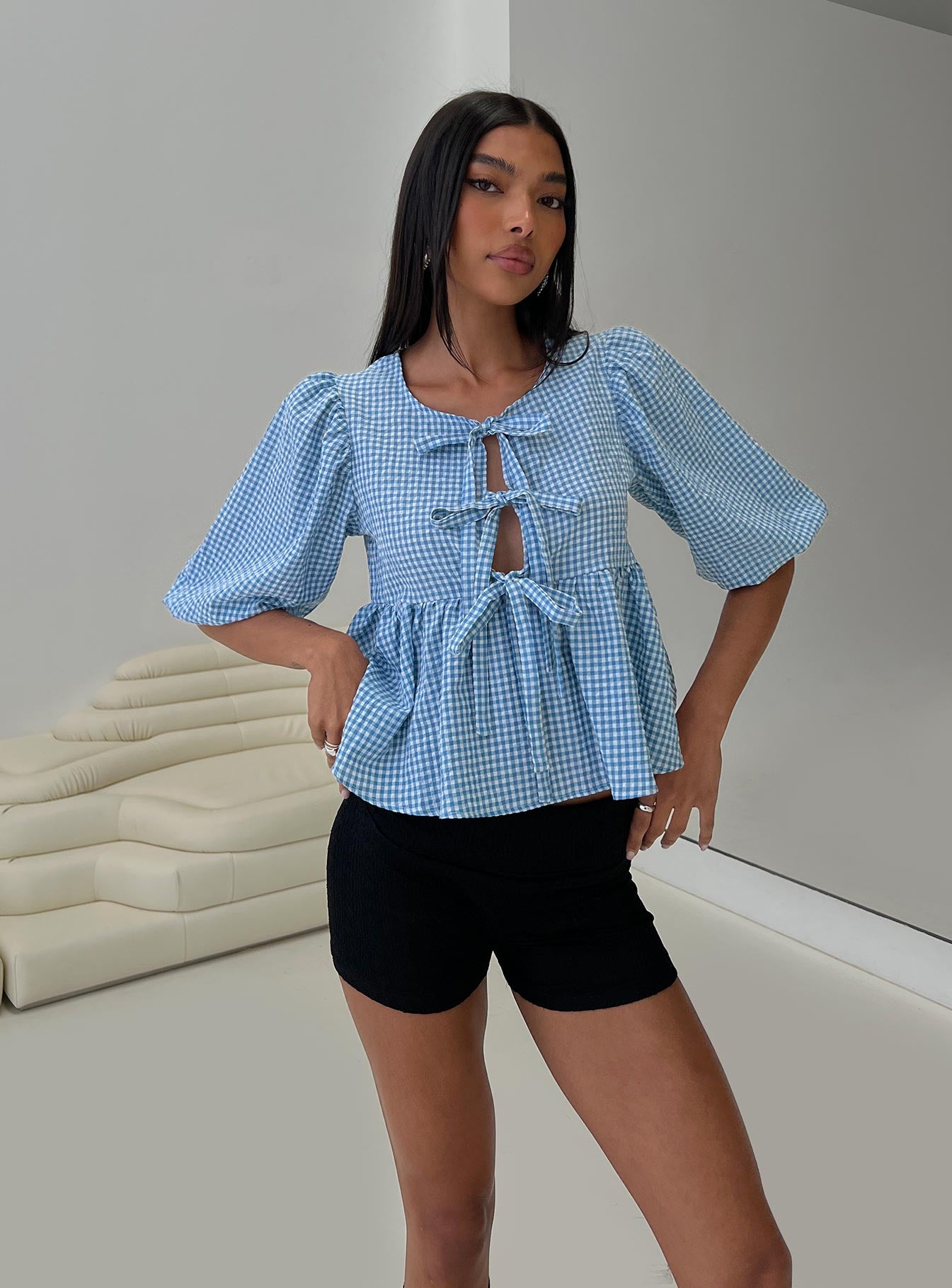 Full House Tie Up Blouse Top Blue Plaid Discount 2025 New