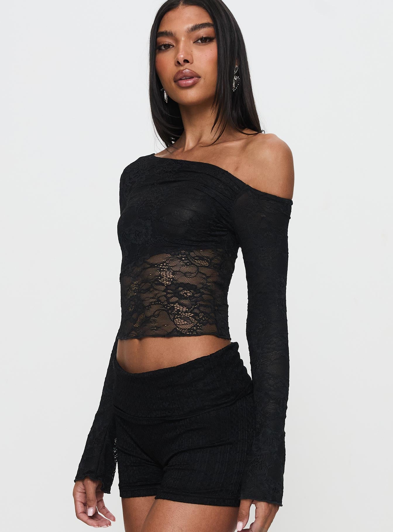 Tiberius Lace Asymmetrical Long Sleeve Top Black Brand New Unisex Sale Online