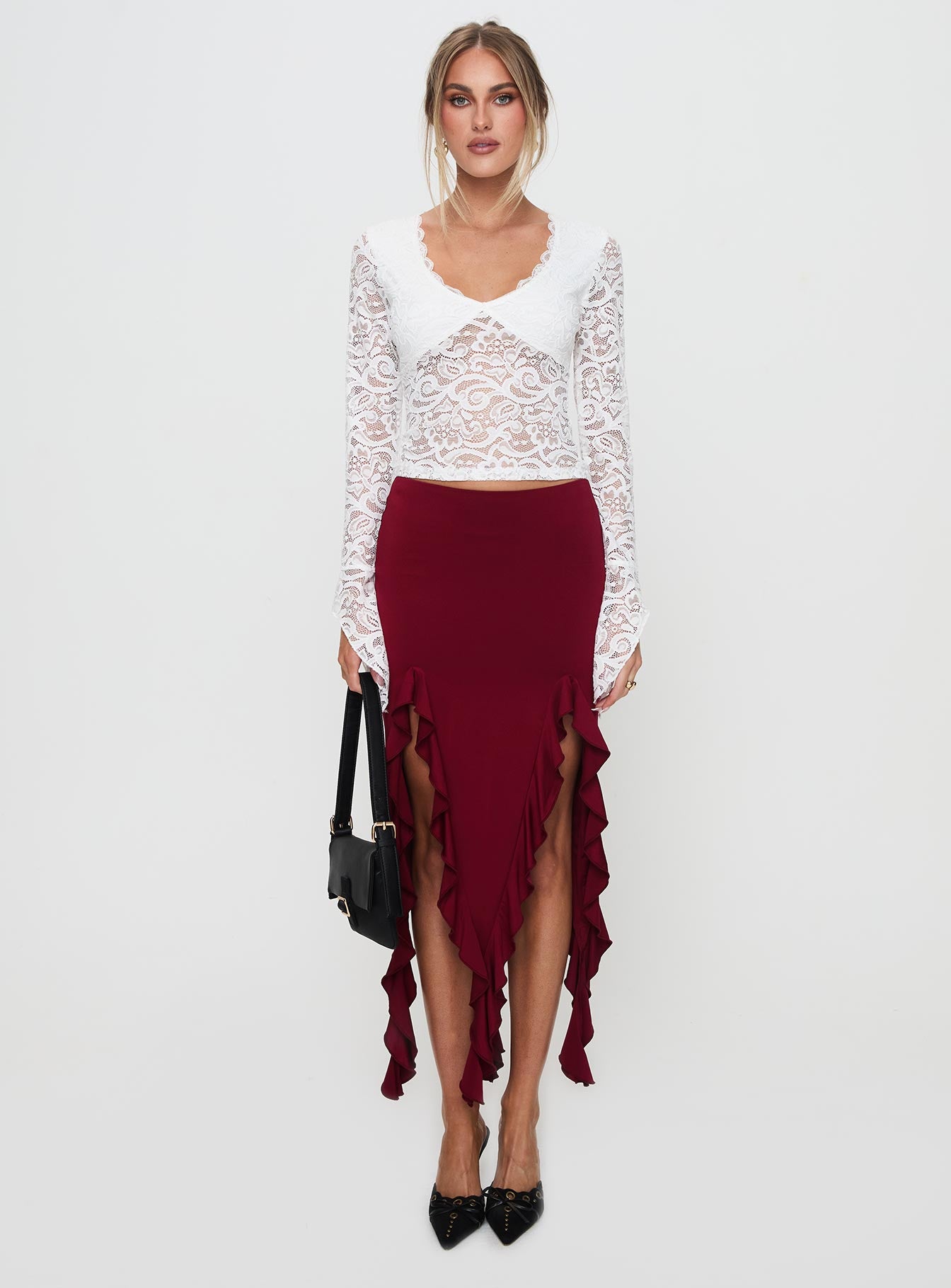 Peachey Asymmetric Ruffle Midi Skirt Burgundy Discount Get To Buy