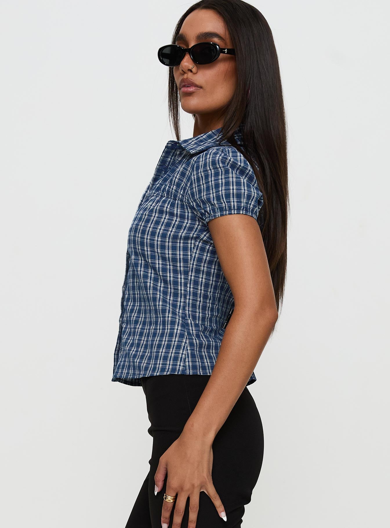 Separate Scenes Button Up Top Blue Check Outlet Fashionable