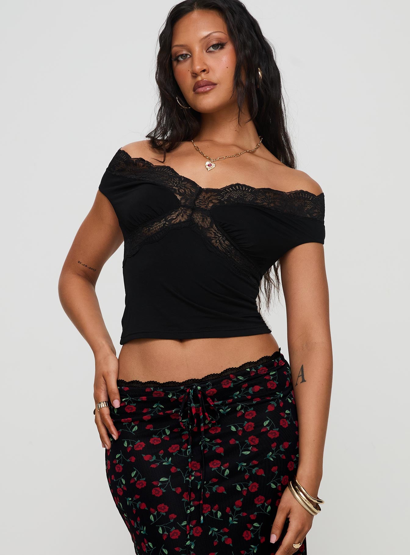 Amarena Off The Shoulder Lace Top Black Choice Cheap Pice