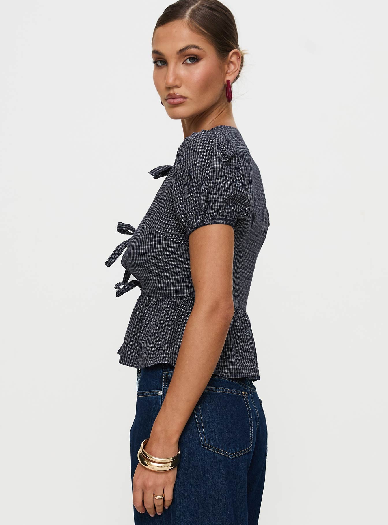 Verah Tie Up Puff Sleeve Top Navy Check Discount Order