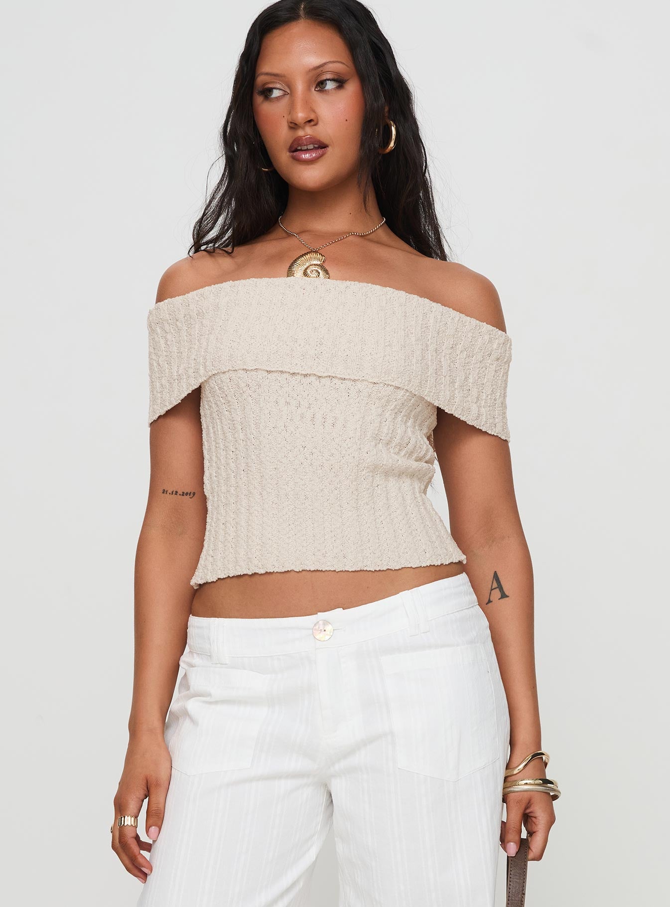 Murmur Off Shoulder Top Beige Cheap 100% Original