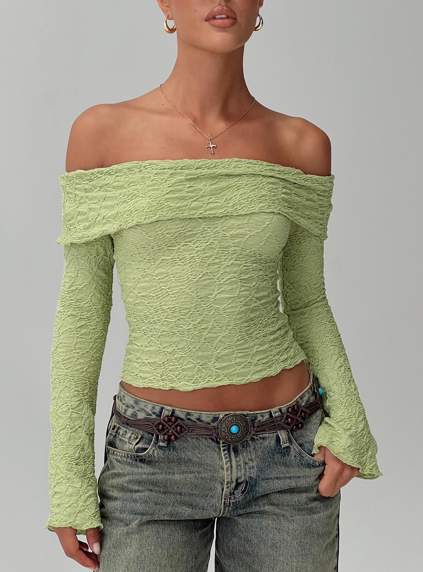 Back With Love Off Shoulder Long Sleeve Top Green Free Shipping Looking For