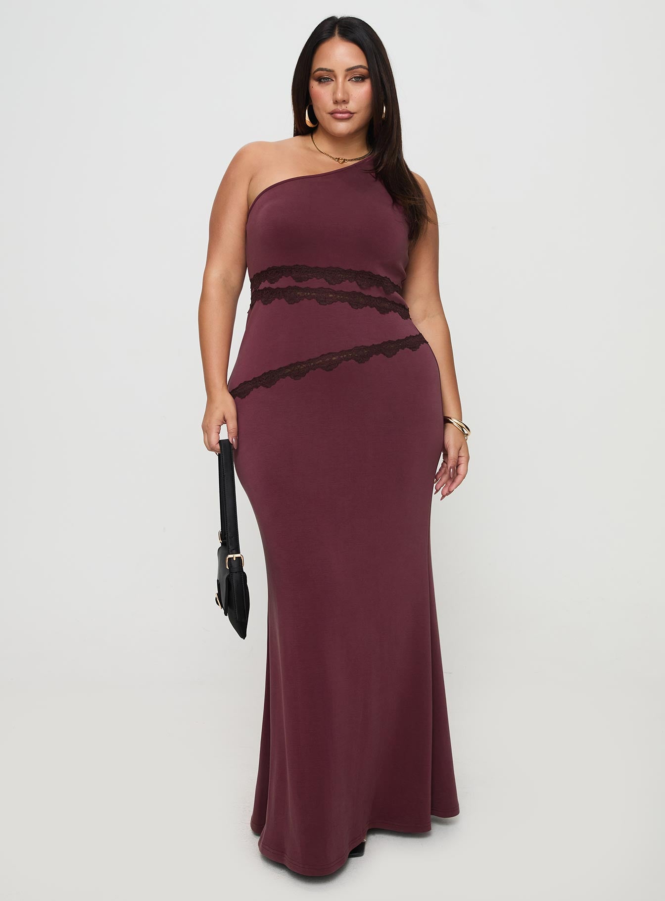 Ultraviolet One Shoulder Lace Maxi Dress Wine Curve Pre Order Online