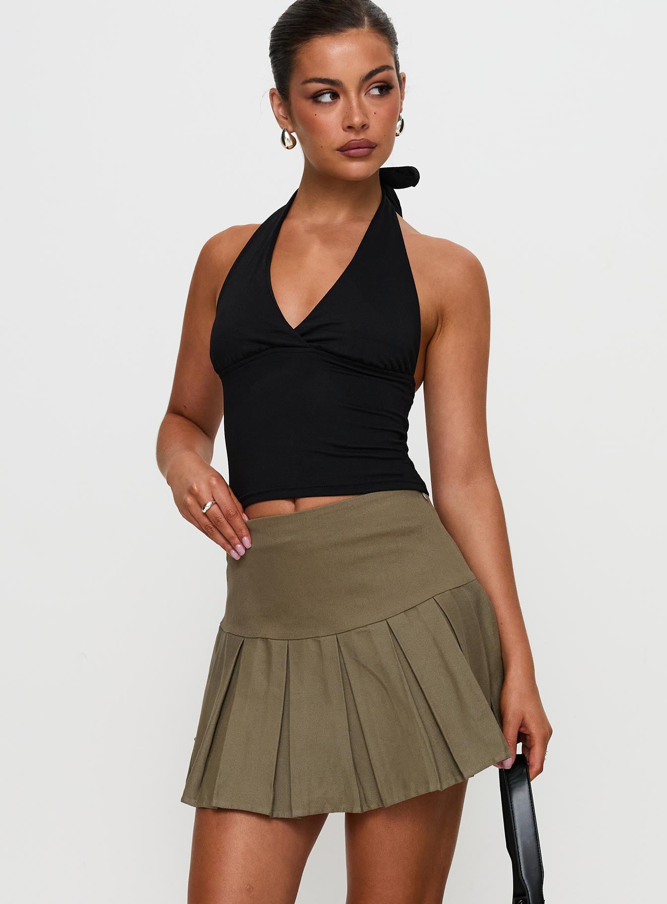 Feodora Pleat Mini Skirt Khaki Fashion Style Online