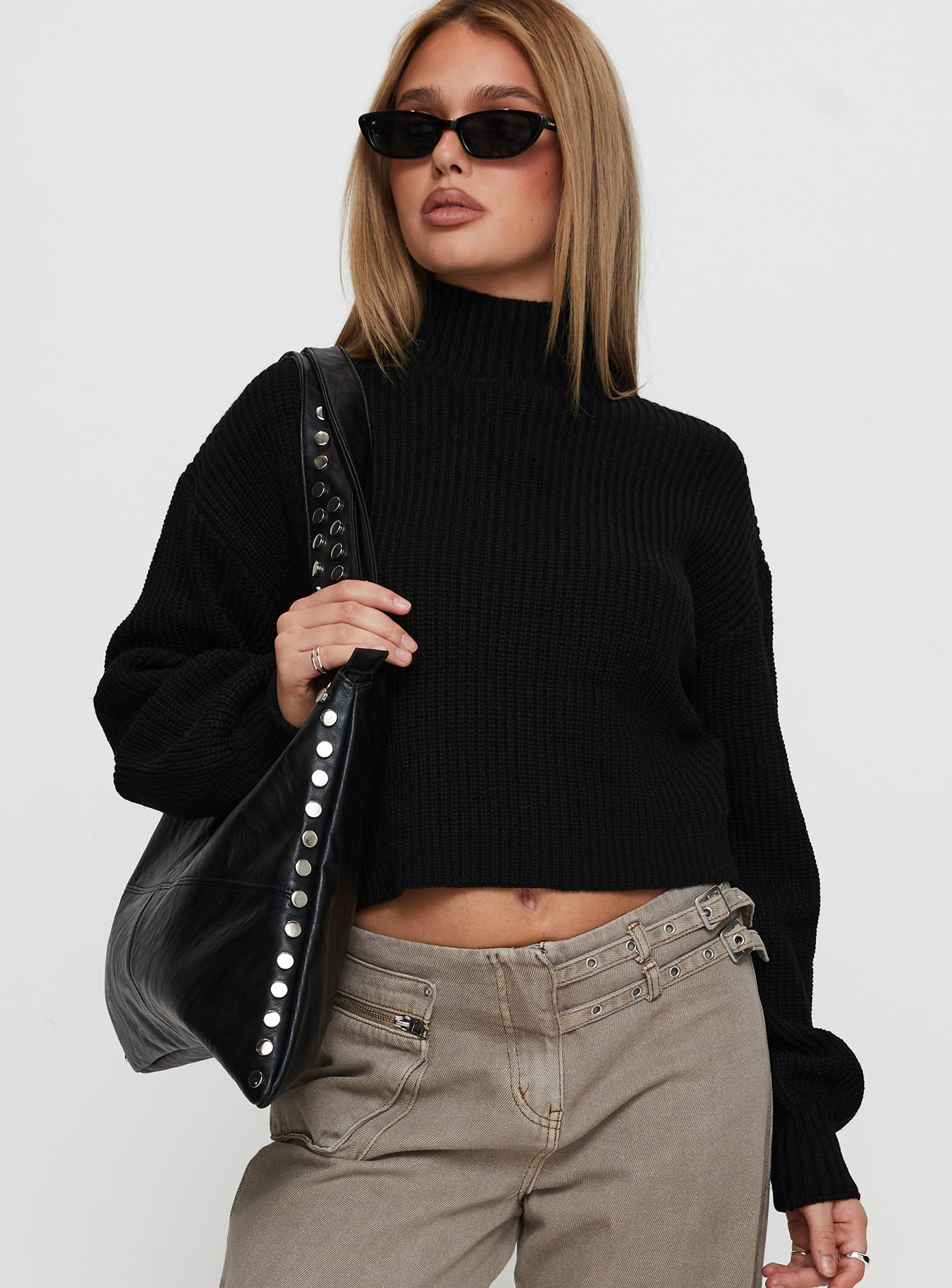 Sayge Mock Neck Knit Sweater Black View Cheap Online