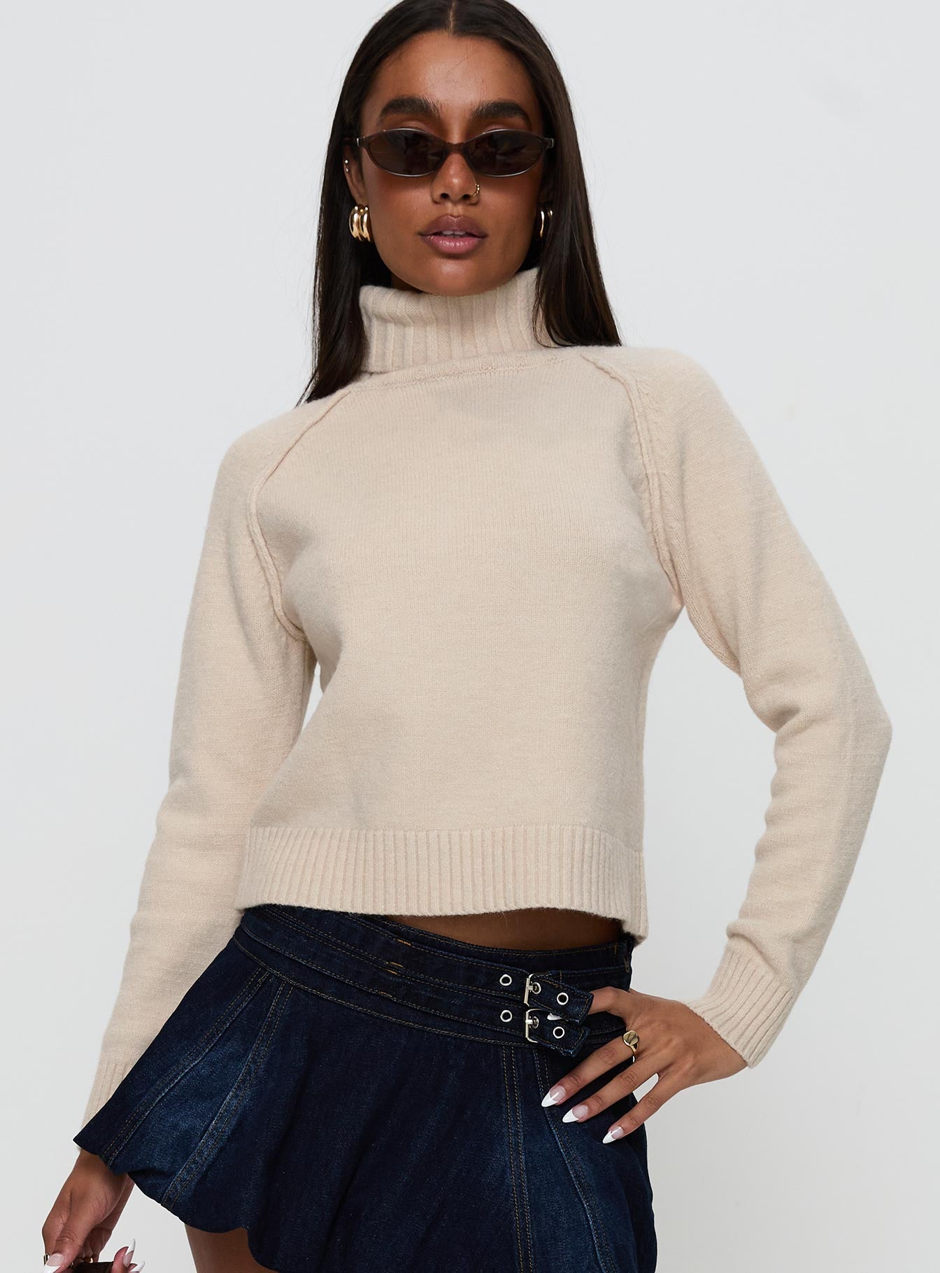 Enrica Funnel Neck Knit Sweater Cream Cheap Supply