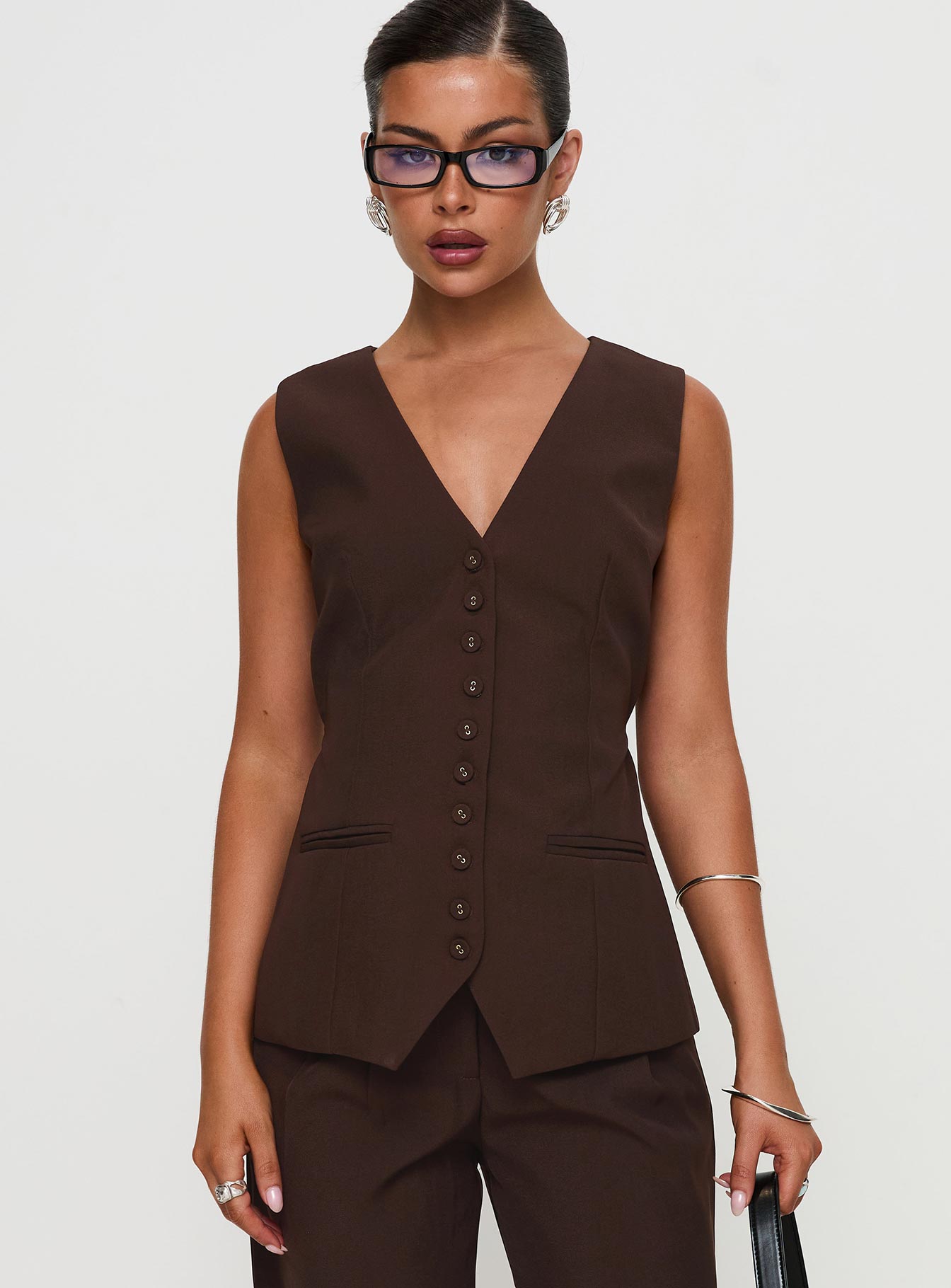 Ambient Longline Button Up Top Chocolate Fashionable For Sale