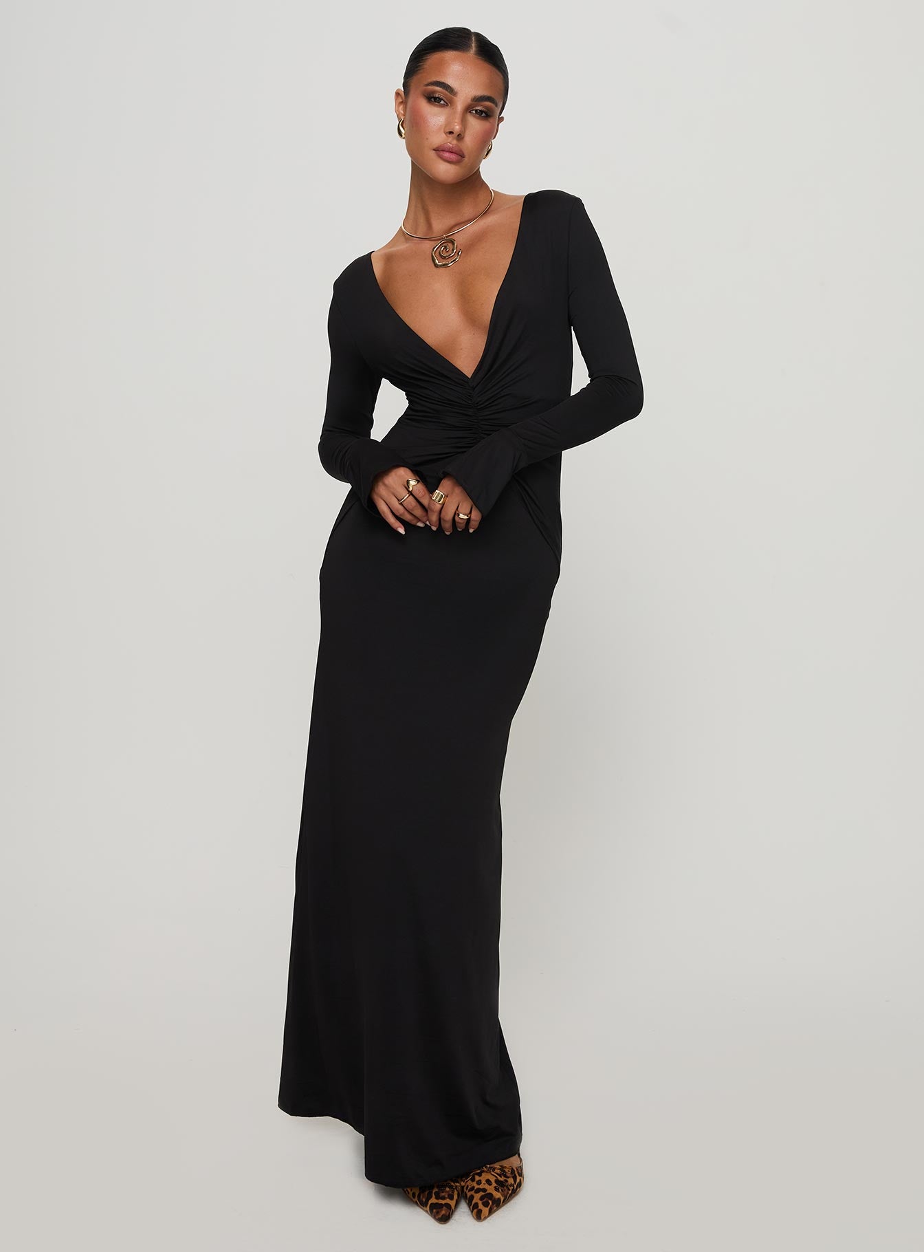 Lezure Plunge Long Sleeve Maxi Dress Black Cost Cheap Online