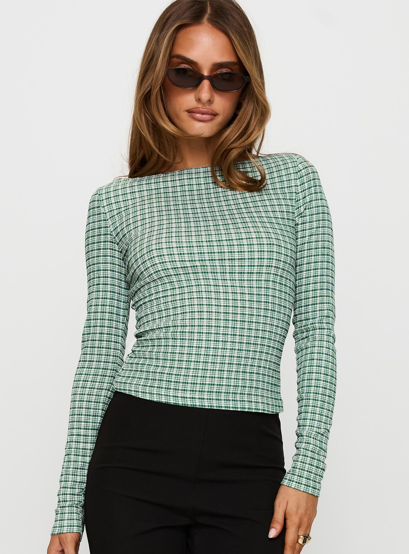 Every Second Boat Neck Long Sleeve Top Green Check 2025 Unisex Cheap Pice