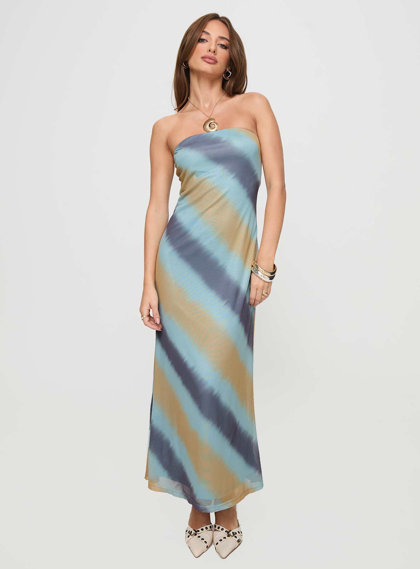 Celik Strapless Maxi Dress Blue / Brown Authentic For Sale