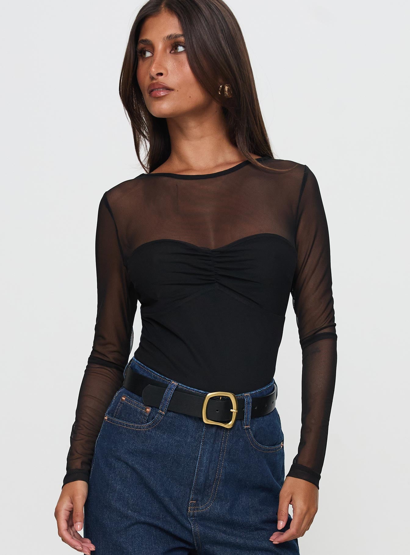 Delanee Mesh Detail Long Sleeve Bodysuit Black Outlet Geniue Stockist