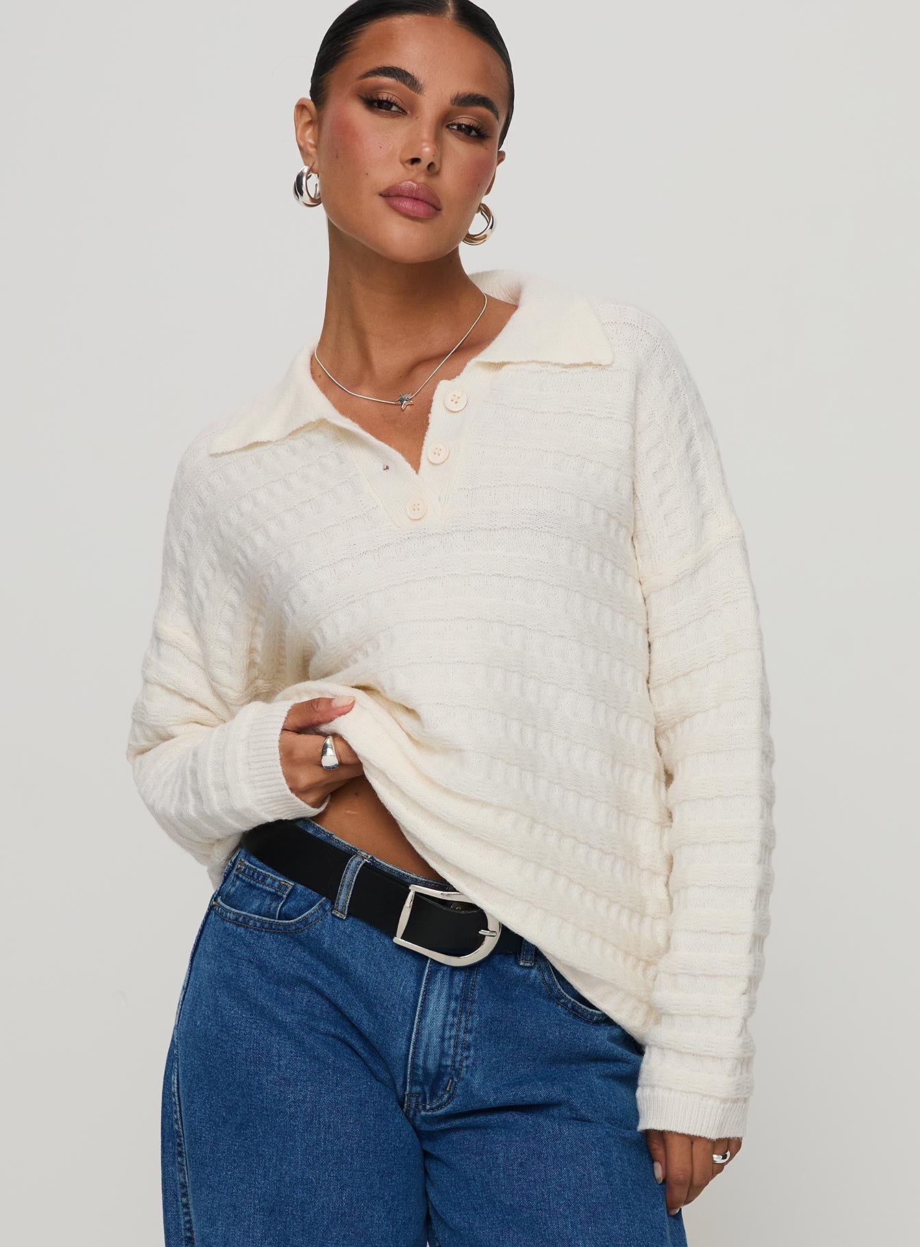 Autumnal Collared Sweater Cream Clearance Clearance Store