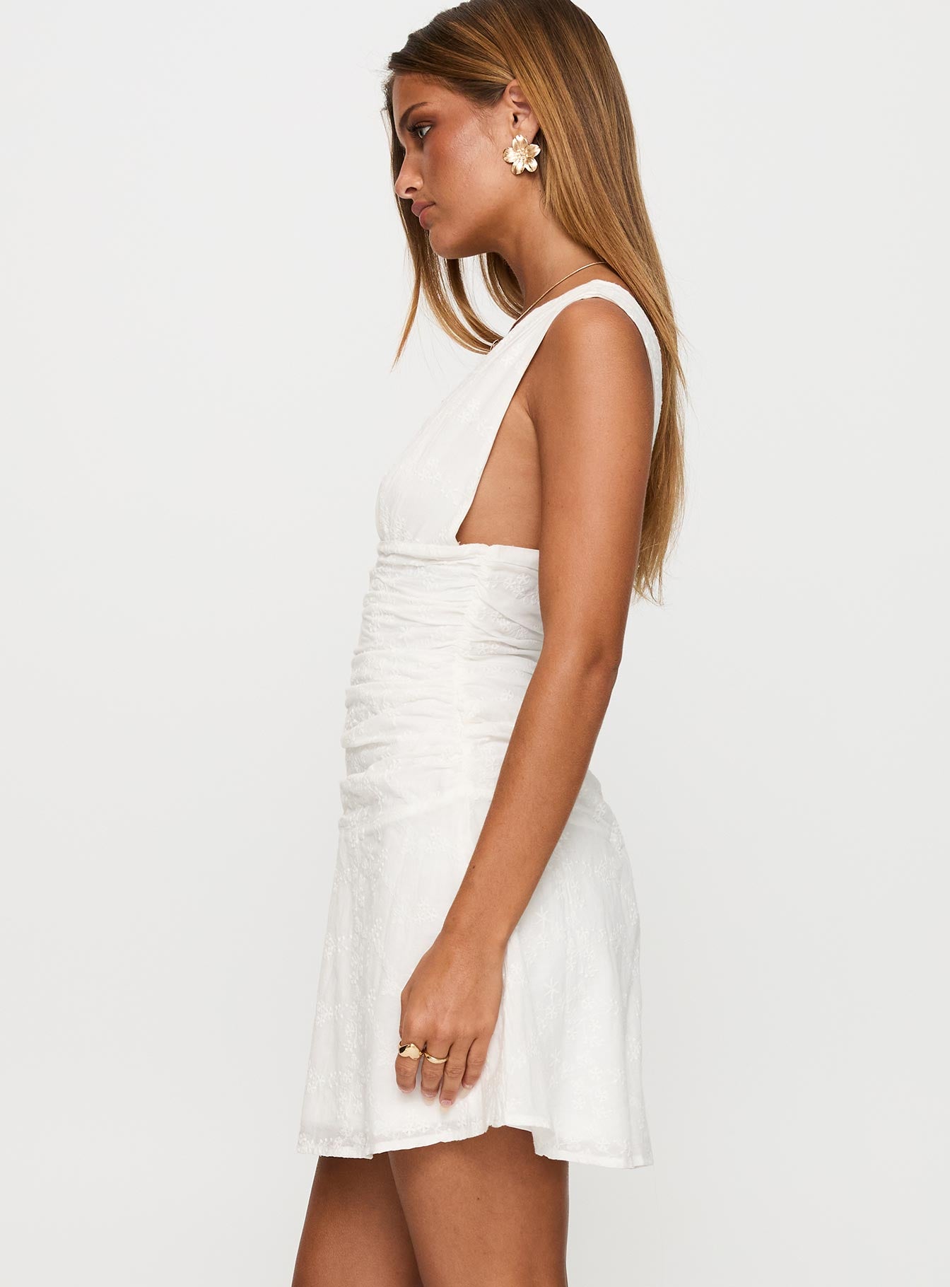 Everelle Ruched Embroidered Mini Dress White Official For Sale