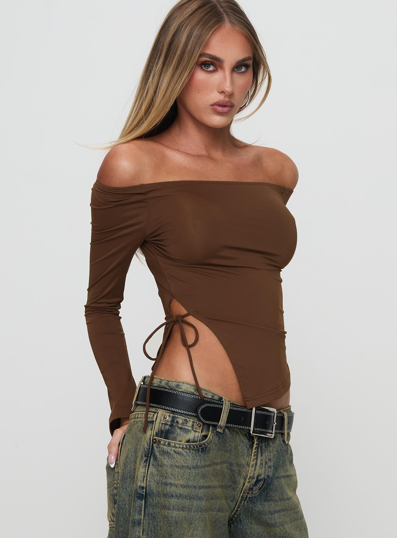 Endellion Off Shoulder Long Sleeve Top Chocolate Manchester For Sale