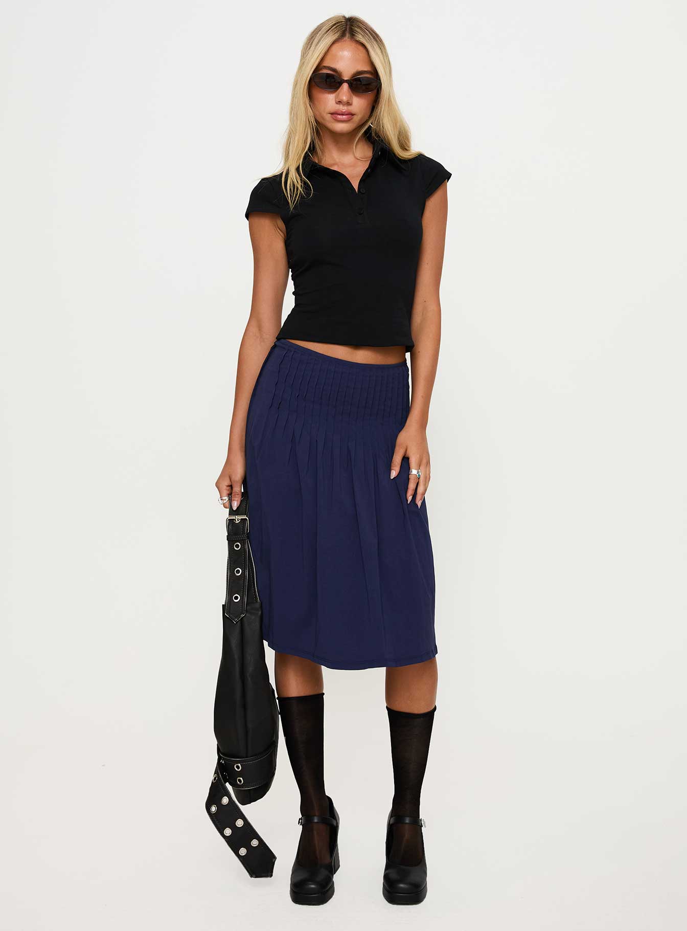 Elaila Pleat Midi Skirt Navy Clearance Amazing Pice