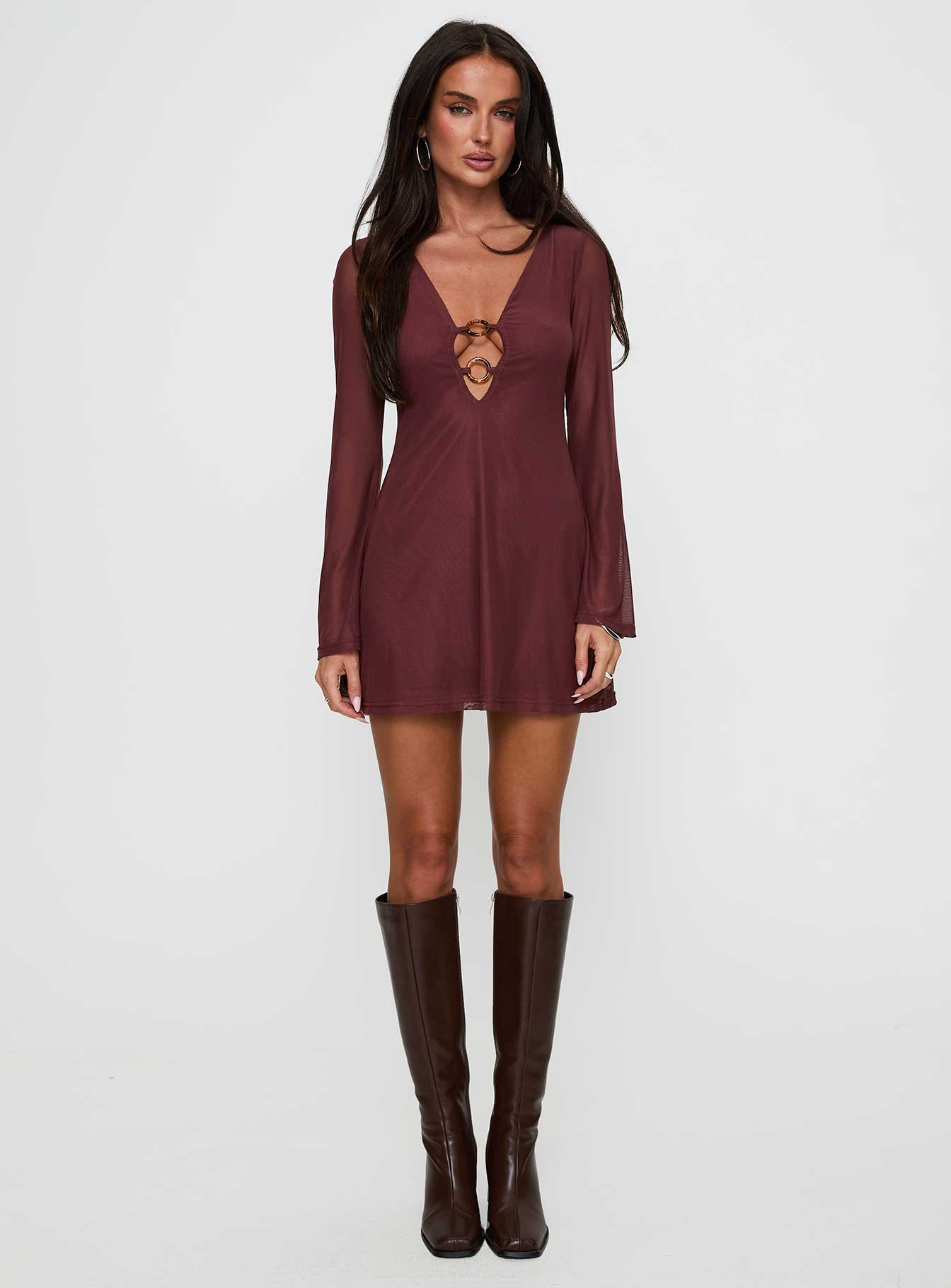 Artique Long Sleeve Mini Dress Brown Discount Tumblr