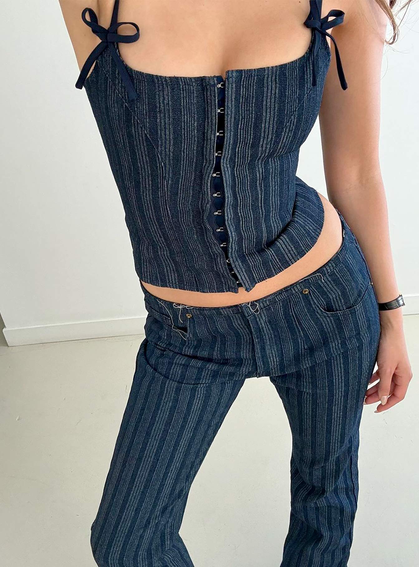 Charismatic Denim Corset Dark Pinstripe Get To Buy For Sale