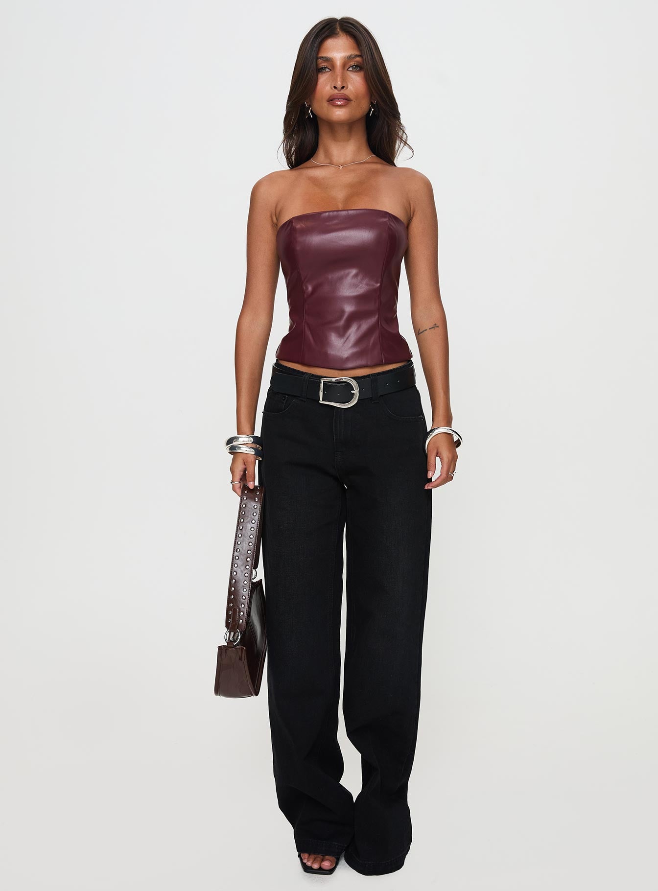 Oaklee Strapless Faux Leather Top Burgundy Looking For Online