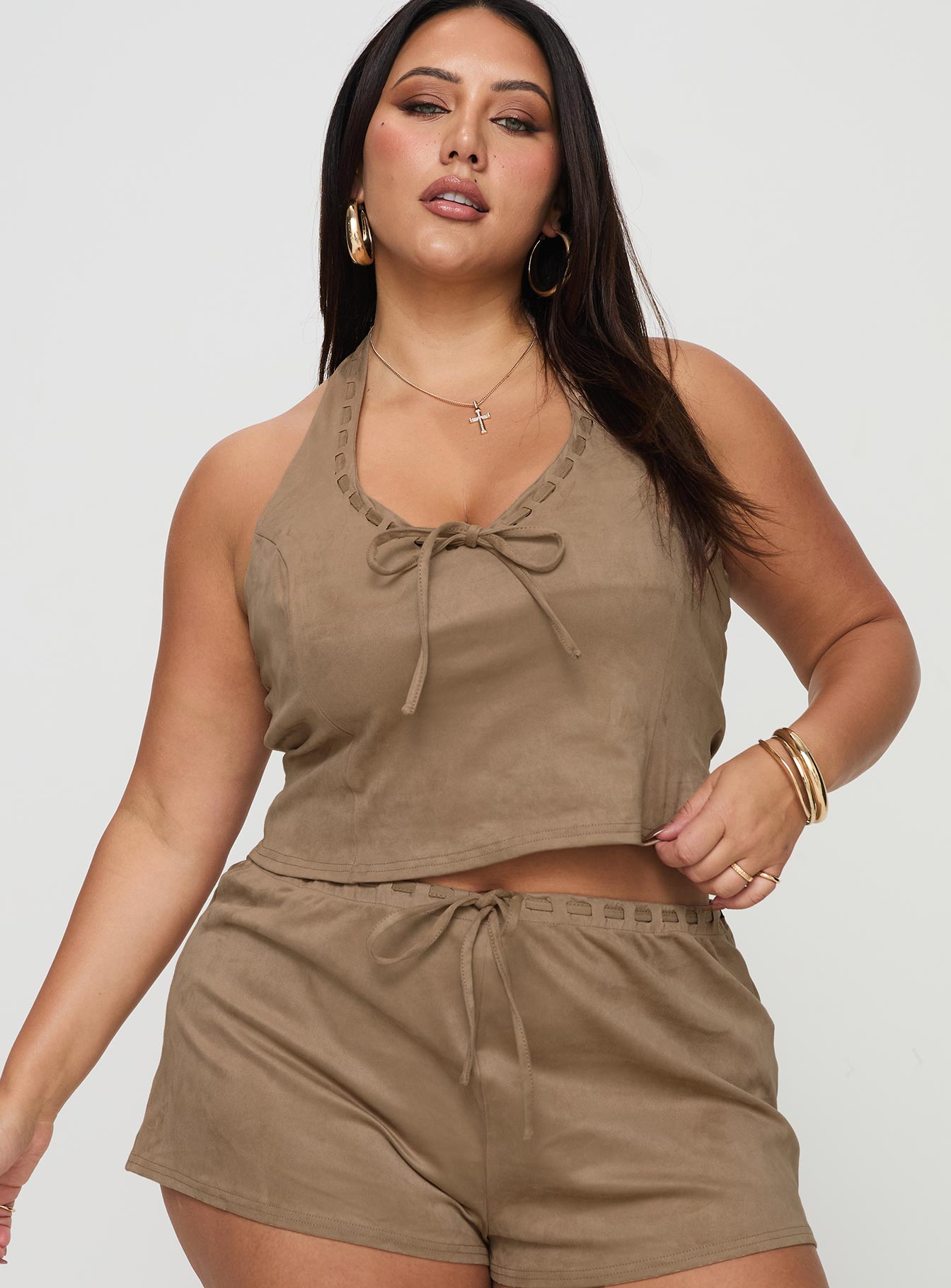 Eternal Youth Faux Suede Top Taupe Curve Enjoy Cheap Online