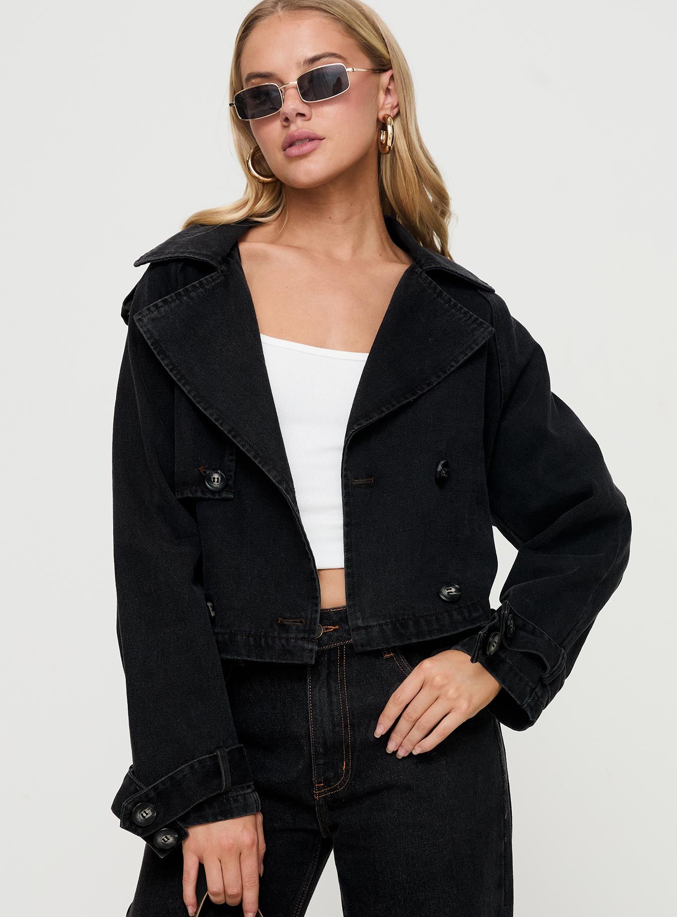 Too Soon Cropped Trench Washed Black Outlet Cheap Online