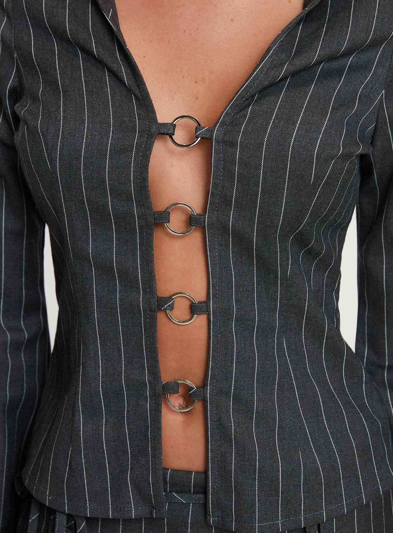 Saraya Long Sleeve Ring Top Grey Pinstripe Cheap Hot Sale