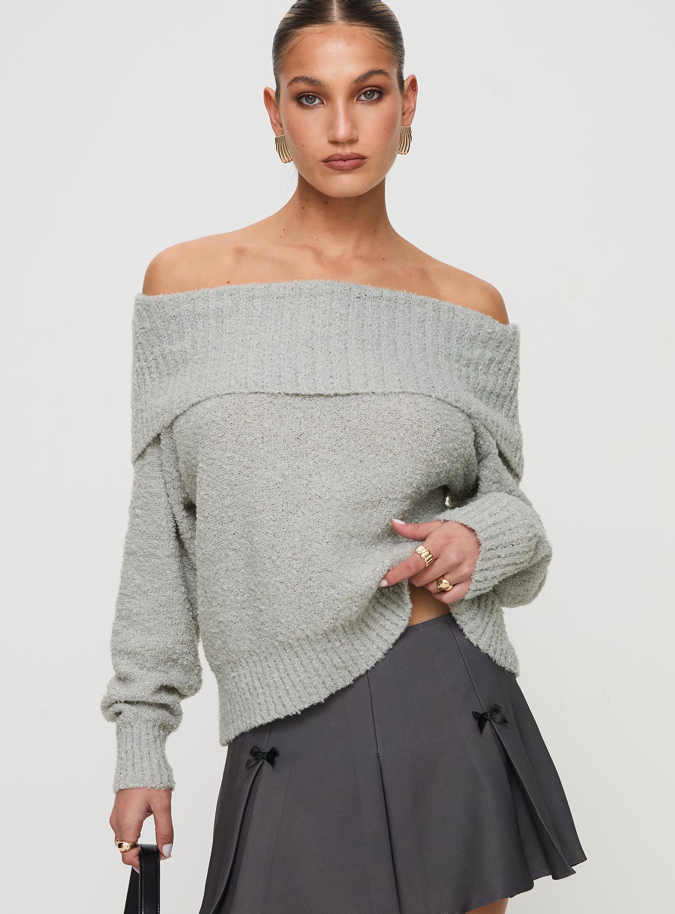 Parkley Boucle Off The Shoulder Sweater Grey Marle Cheap Sale Reliable