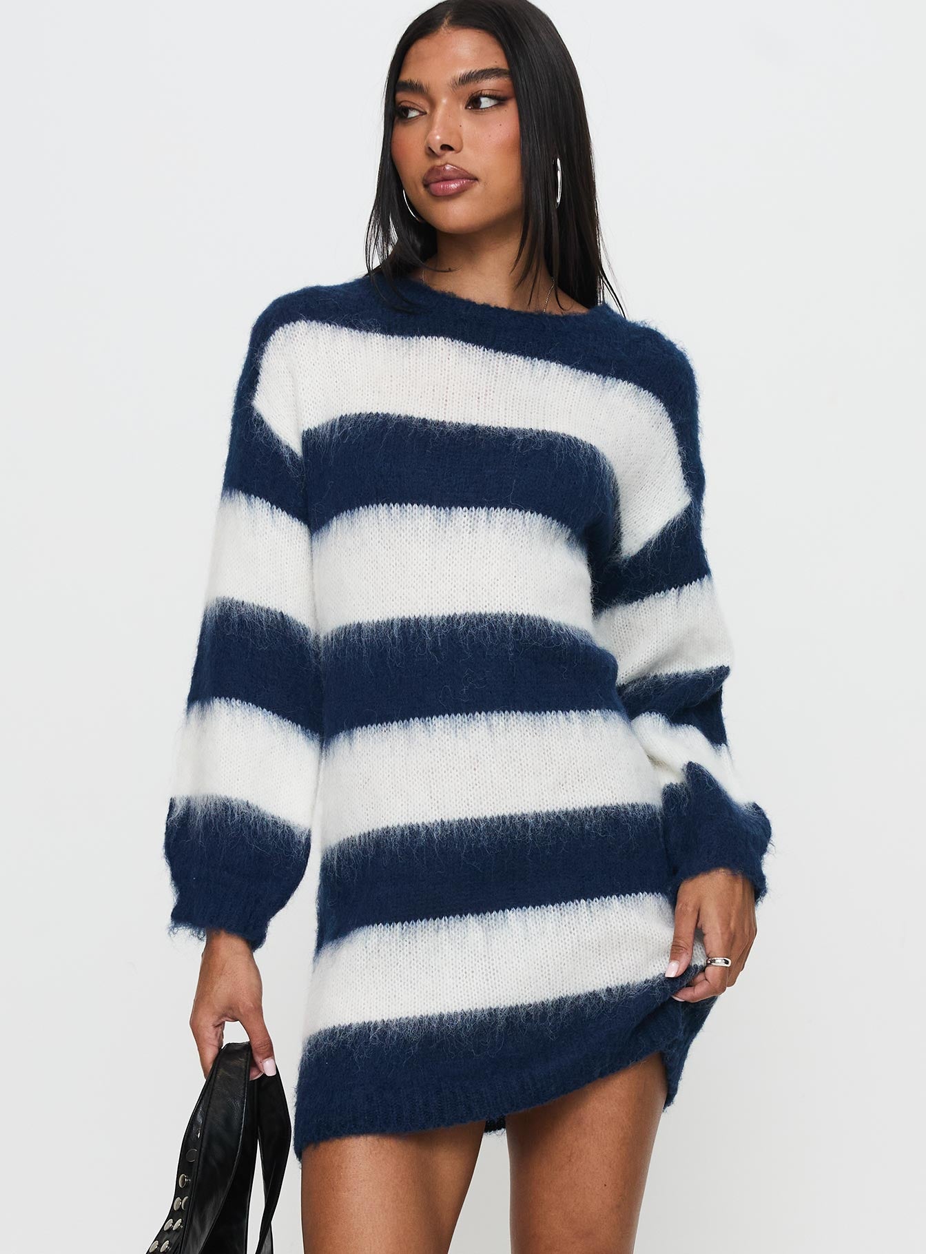 Iryna Long Sleeve Knit Mini Dress Navy / White Stripe Cheap Best Sale