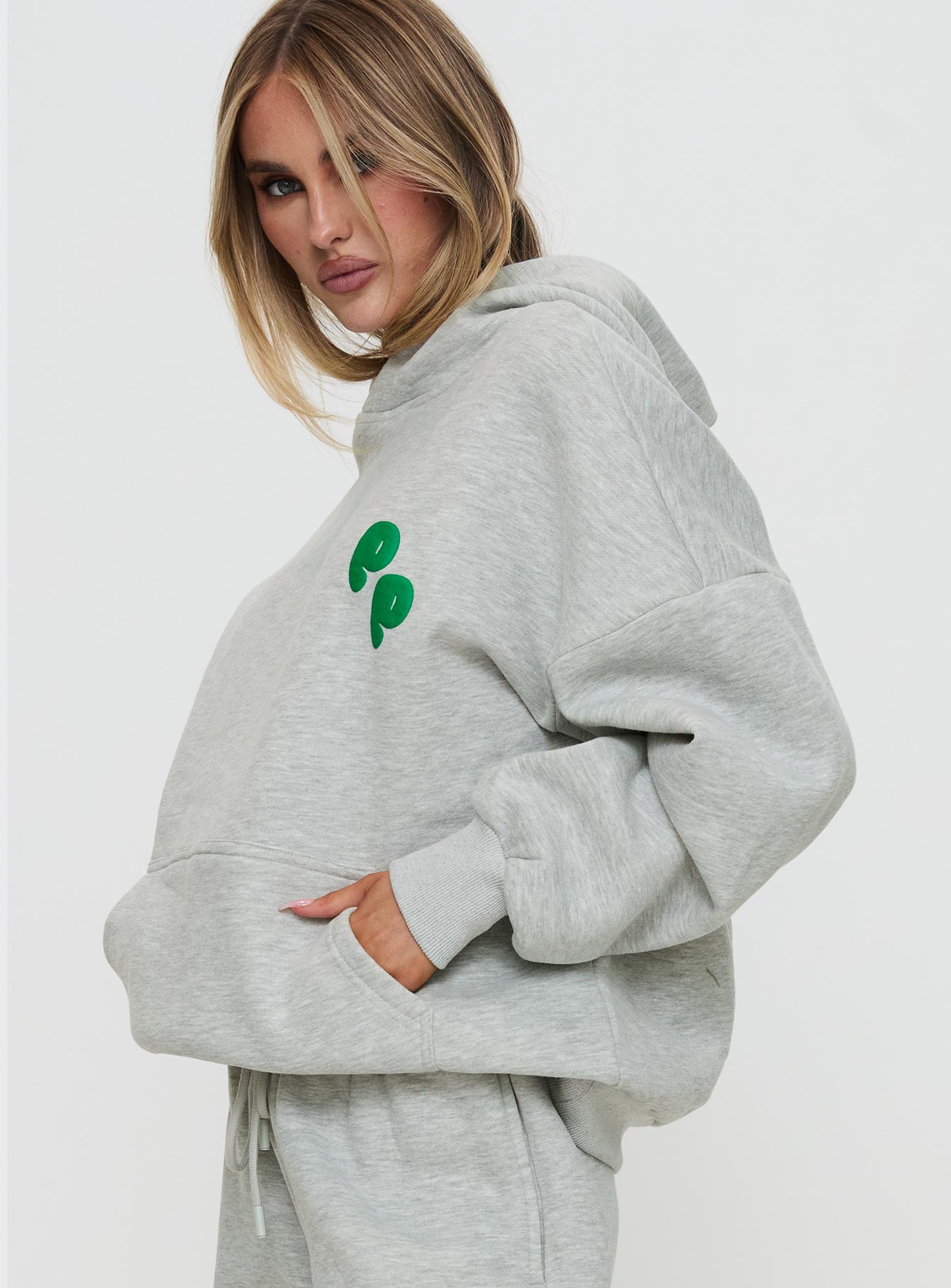 Princess Polly Hooded Sweatshirt Bubble Text Grey Marle / Green Clearance Low Pice Fee Shipping