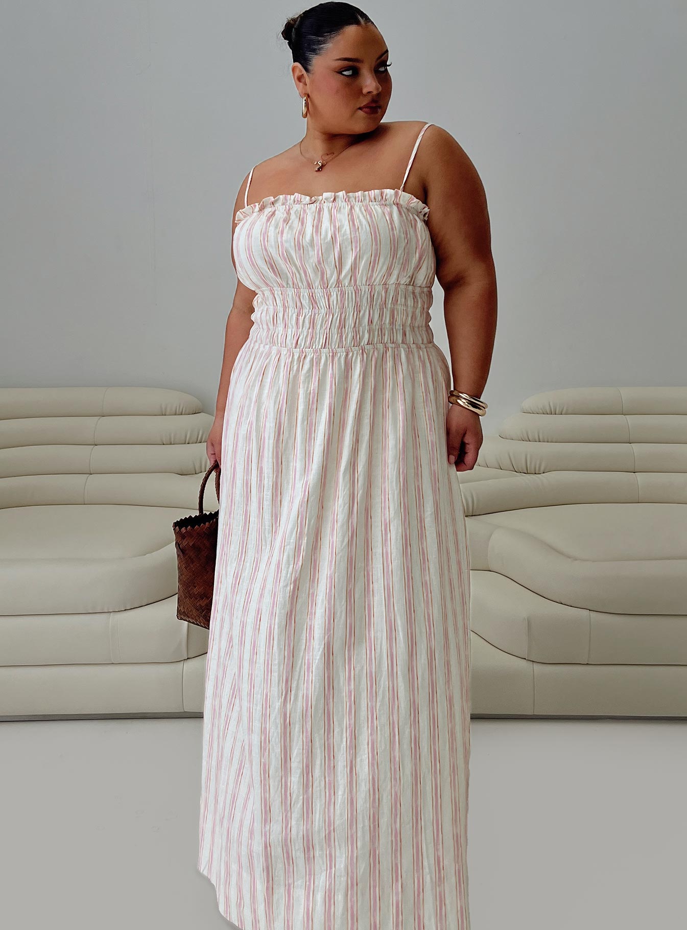 Persephone Shirring Linen Maxi Dress Pink Stripe Curve Discount Best Seller