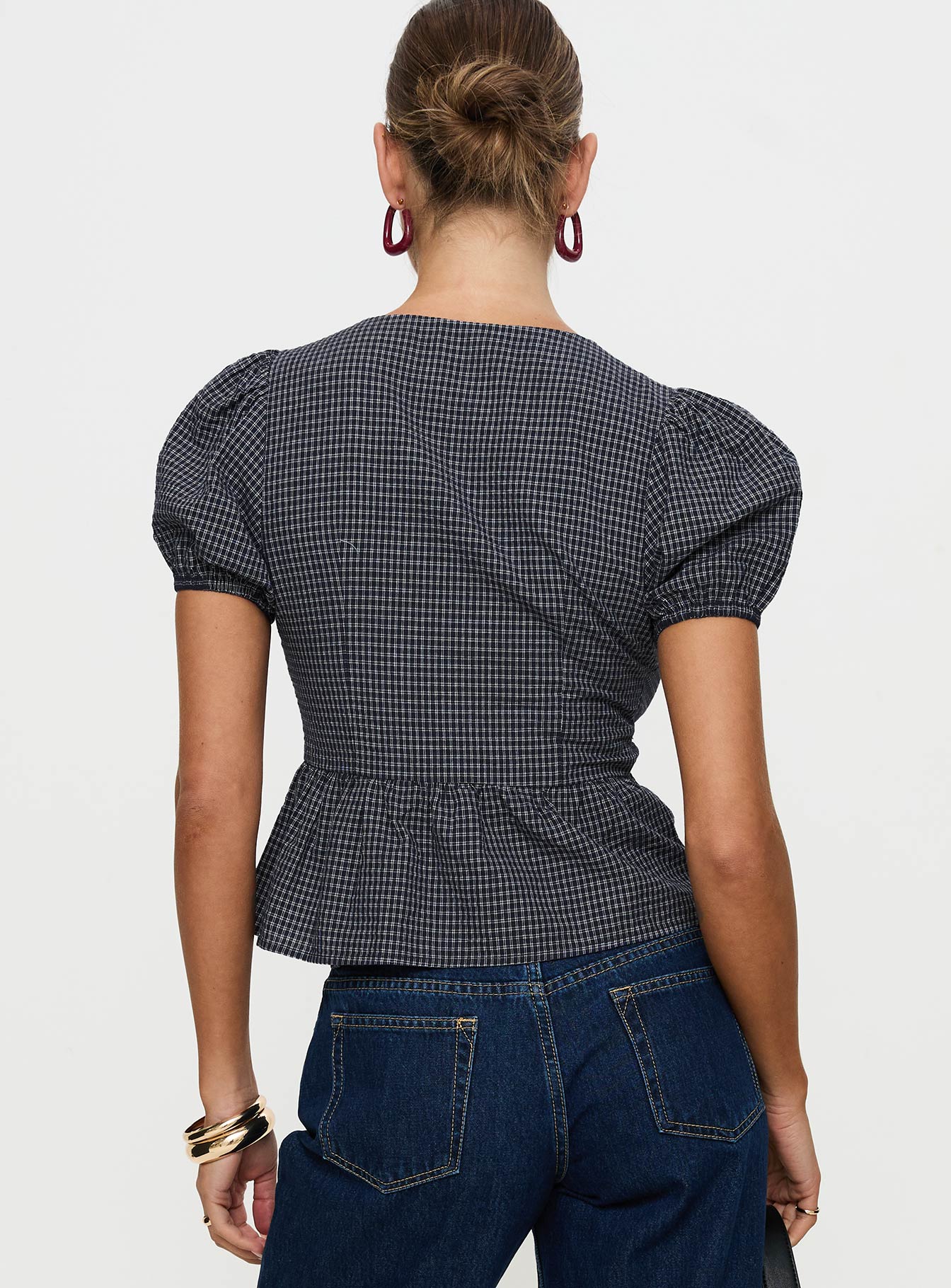 Verah Tie Up Puff Sleeve Top Navy Check Discount Order