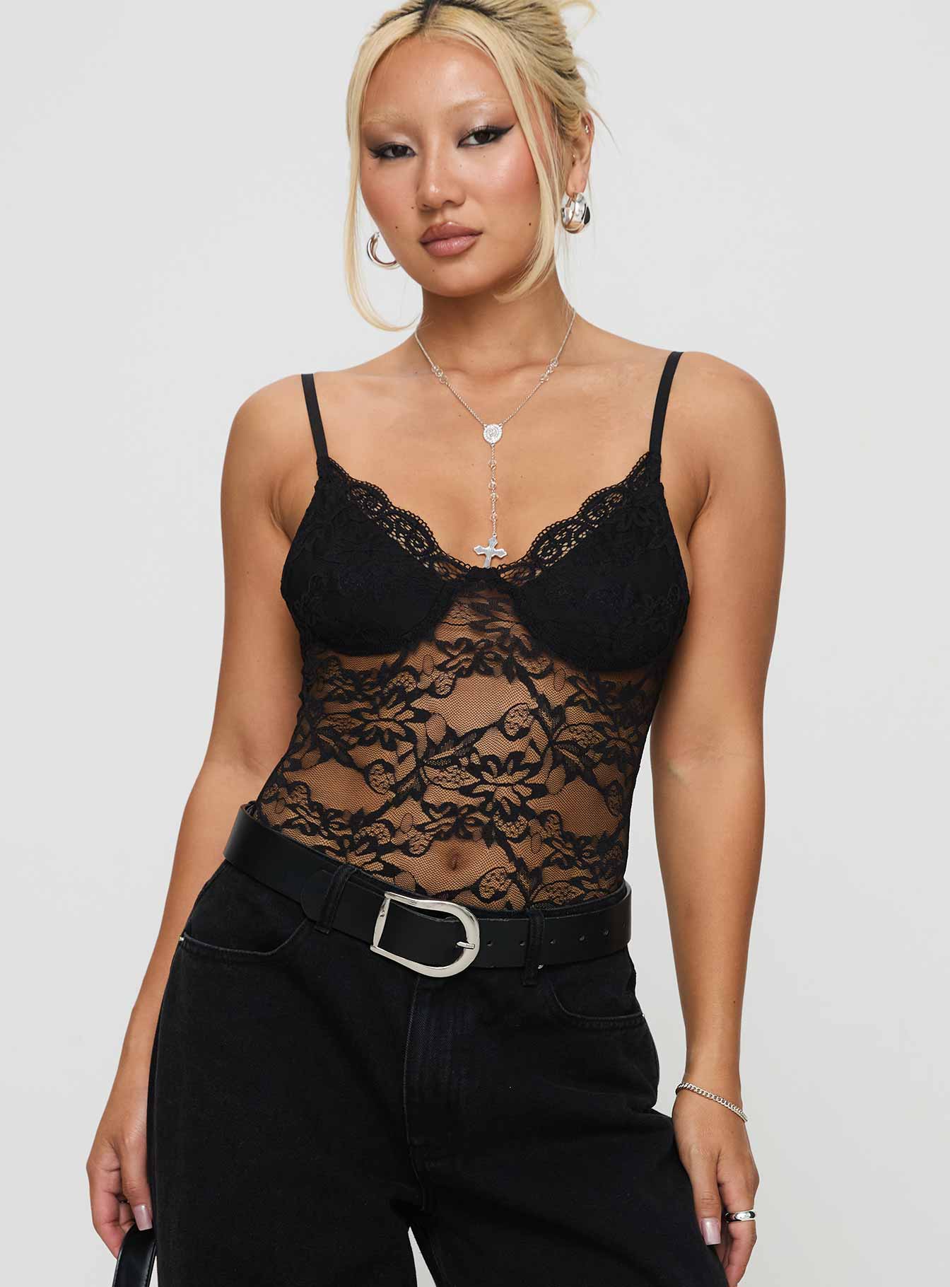 Wystan Lace Bodysuit Black Outlet 100% Authentic