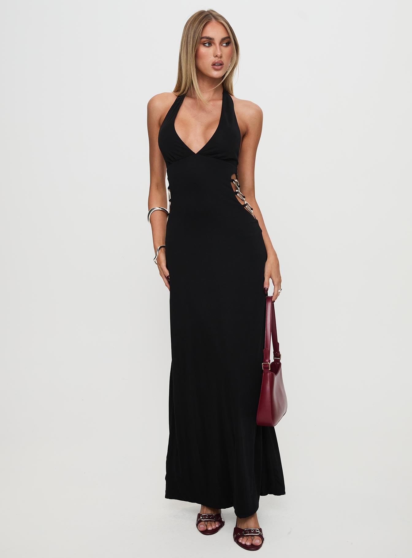 Make A Fortune Hardware Halter Maxi Dress Black Comfortable Cheap Pice