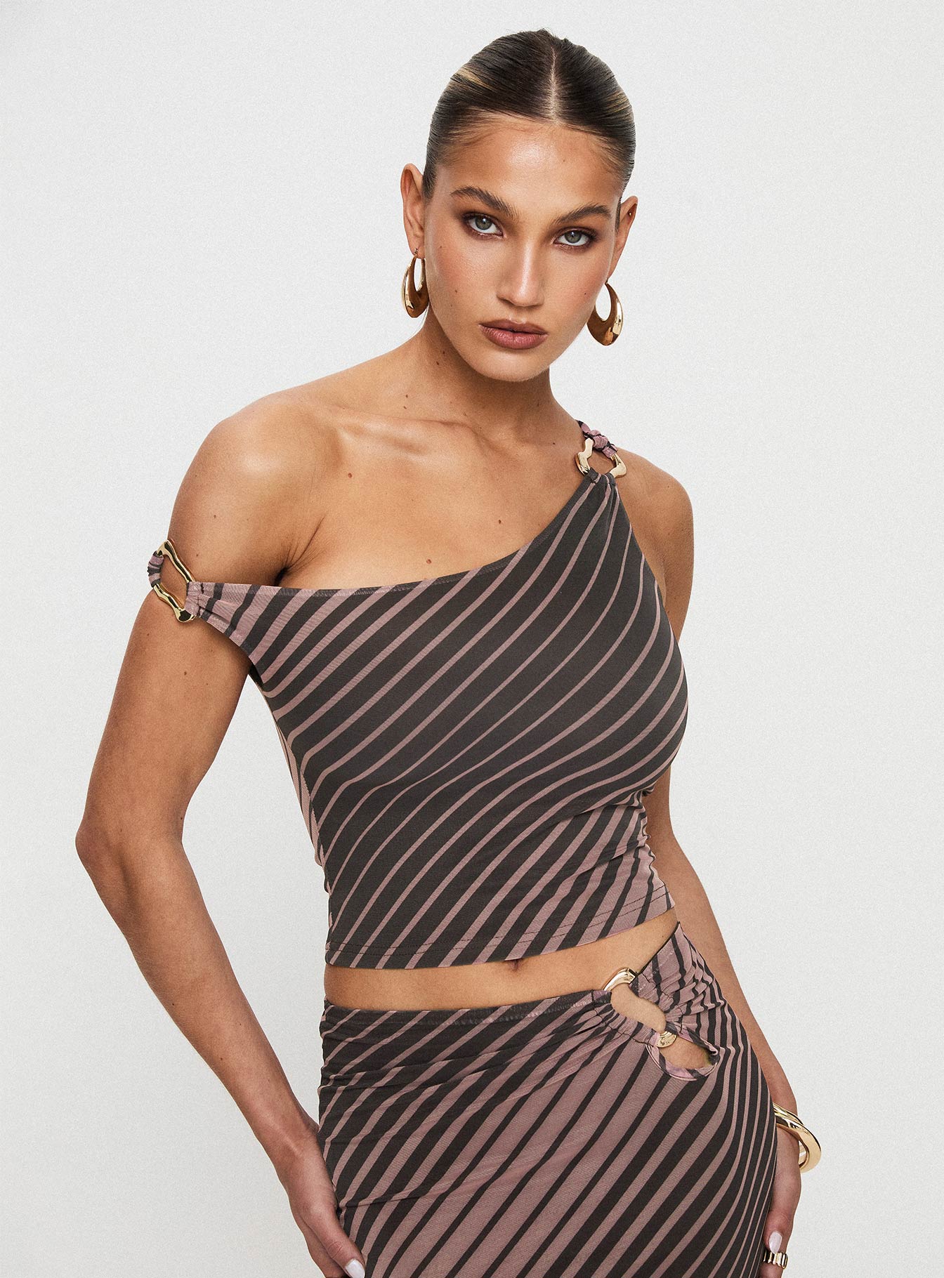 Rios One Shoulder Top Brown Stripe Clearance Get To Buy