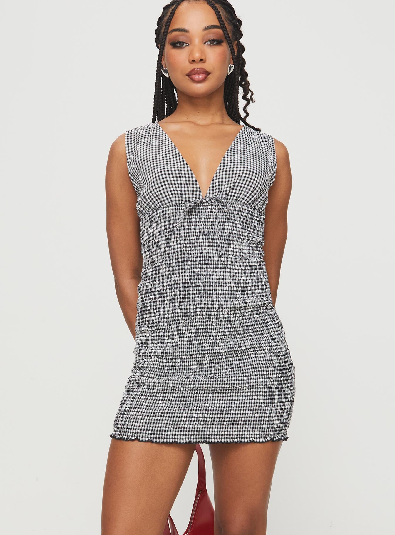 Solving Shirred Mini Dress Black Gingham Online Online For Sale