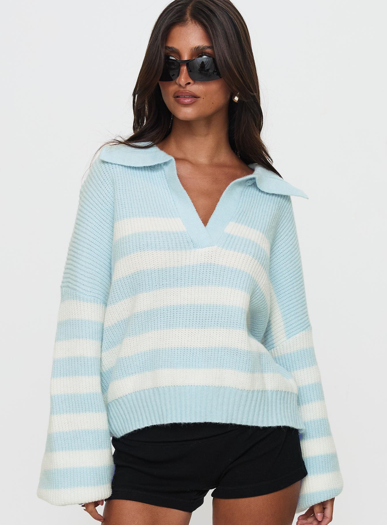 Carolena Long Sleeve Collared Knit Sweater Blue / White Stripe 2025 Newest Sale Online