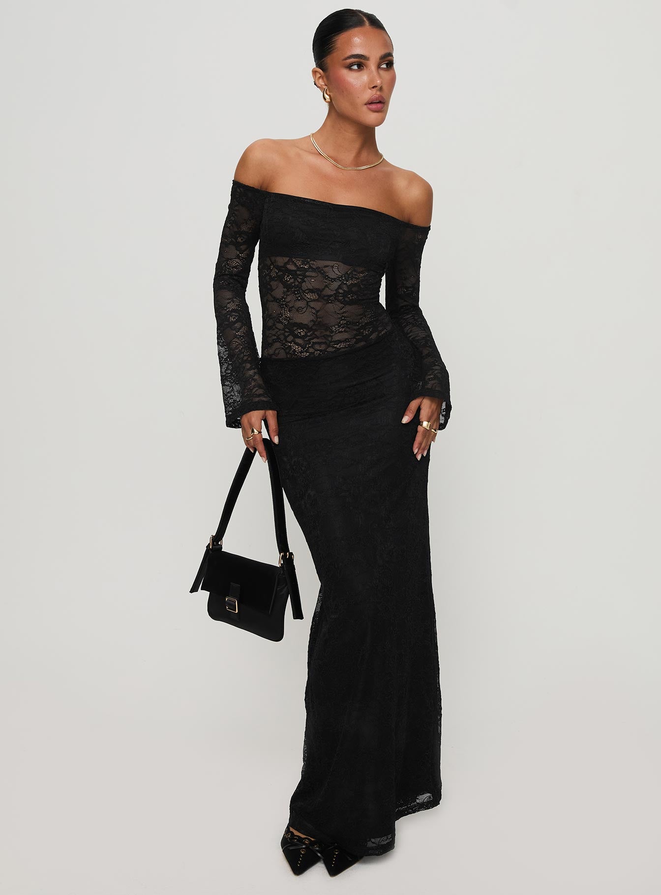 Pinot Grigio Long Sleeve Lace Maxi Dress Black 2025 New For Sale