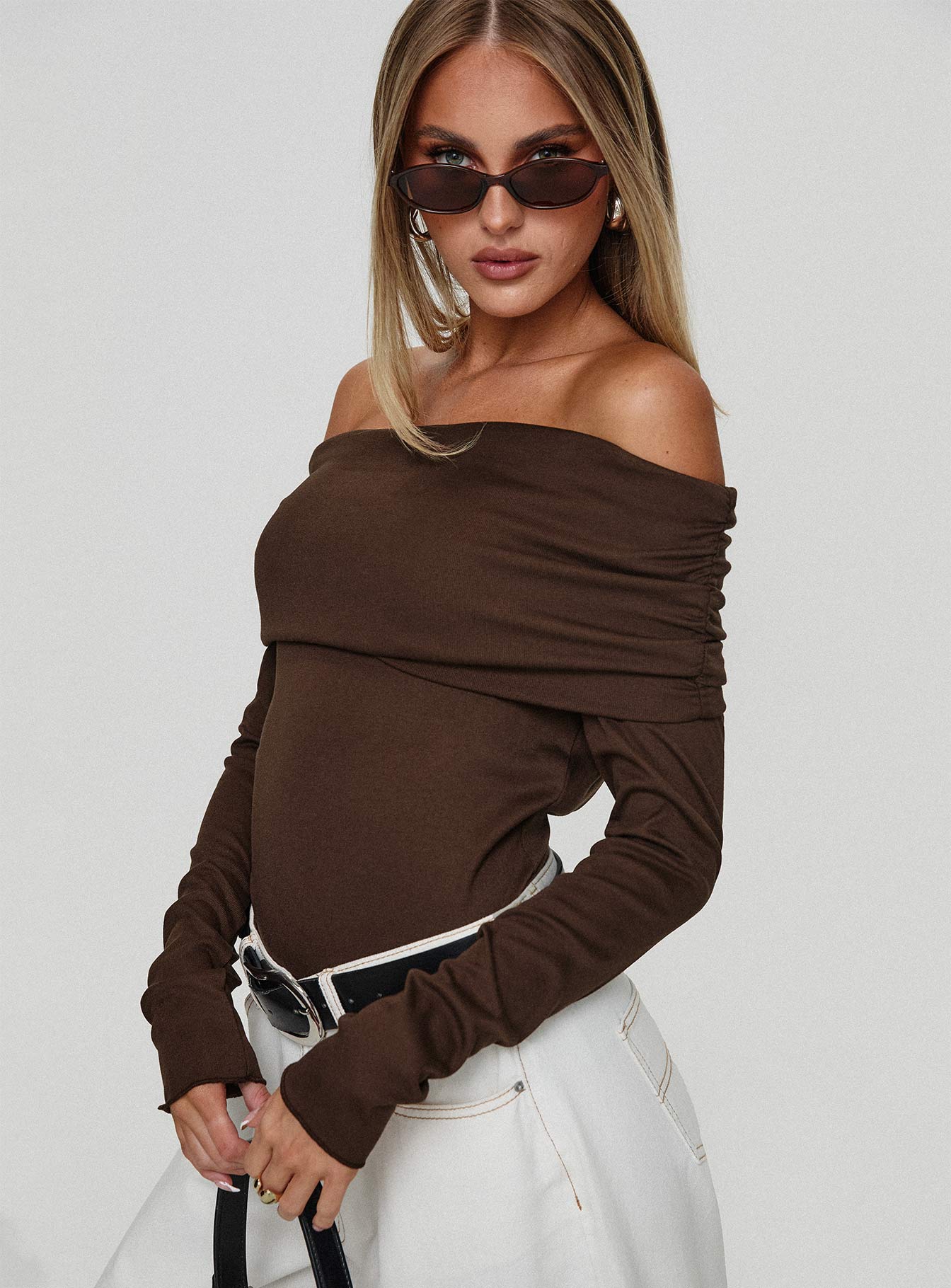 Spoilt Off The Shoulder Bodysuit Brown Buy Cheap Huge Surprise