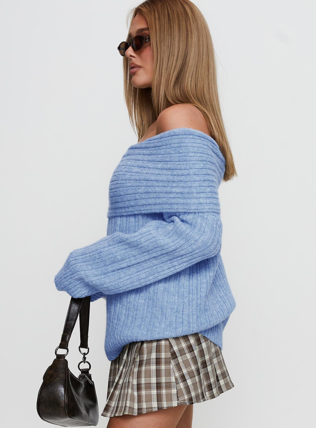 Snowie Off Shoulder Knit Sweater Blue Genuine For Sale