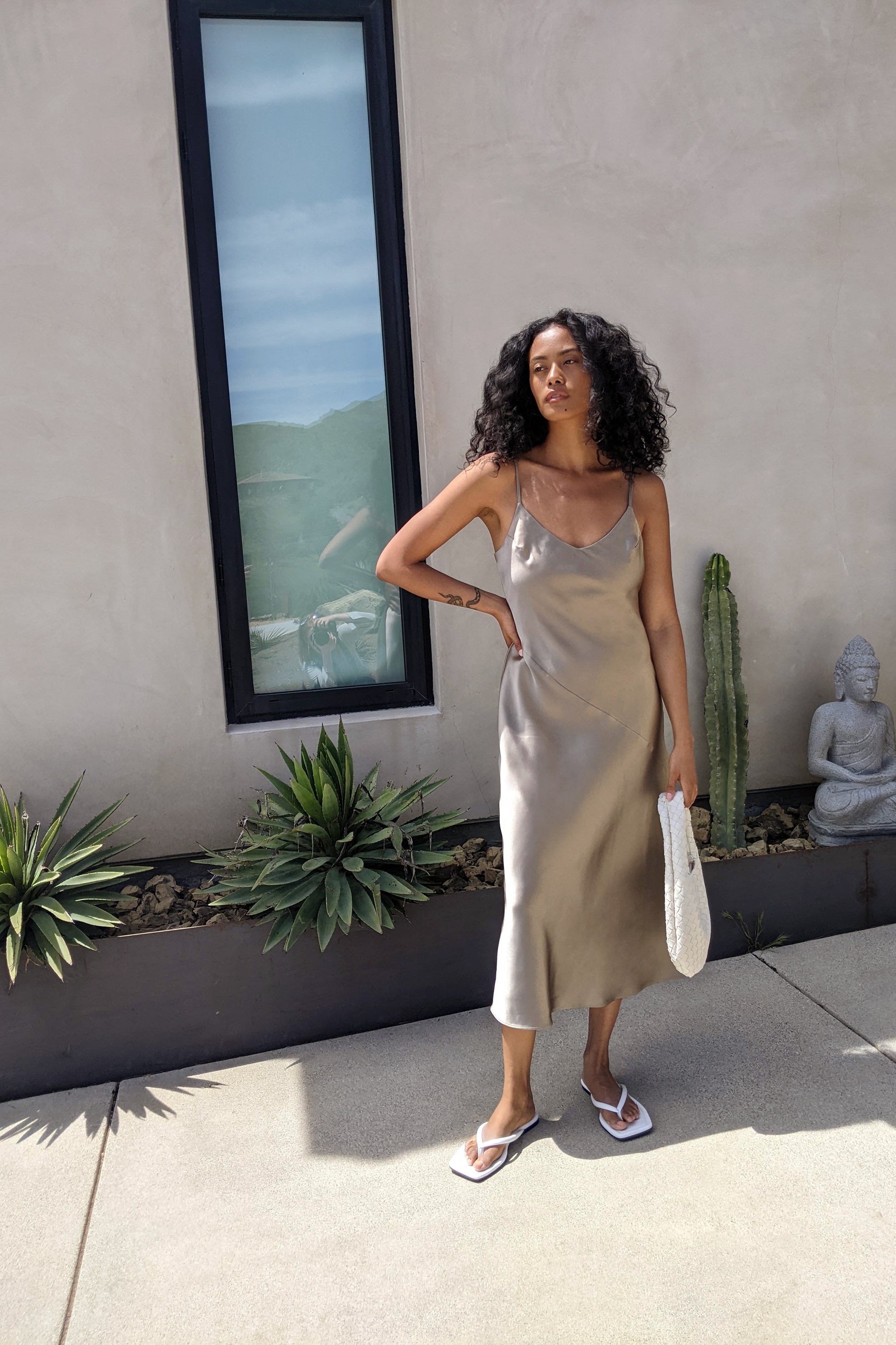 V-NECK SATIN SLIP MIDI DRESS Discount