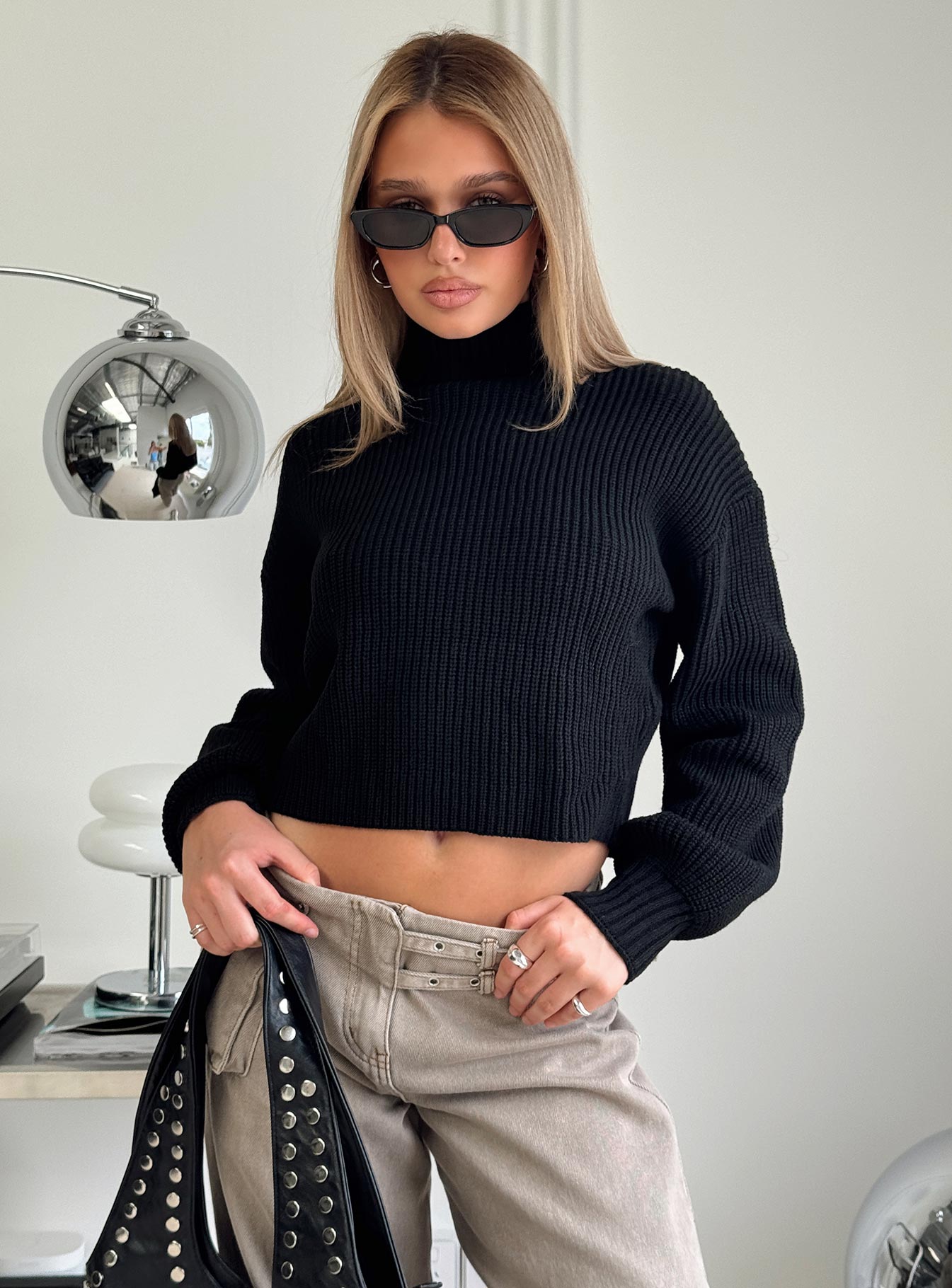 Sayge Mock Neck Knit Sweater Black View Cheap Online